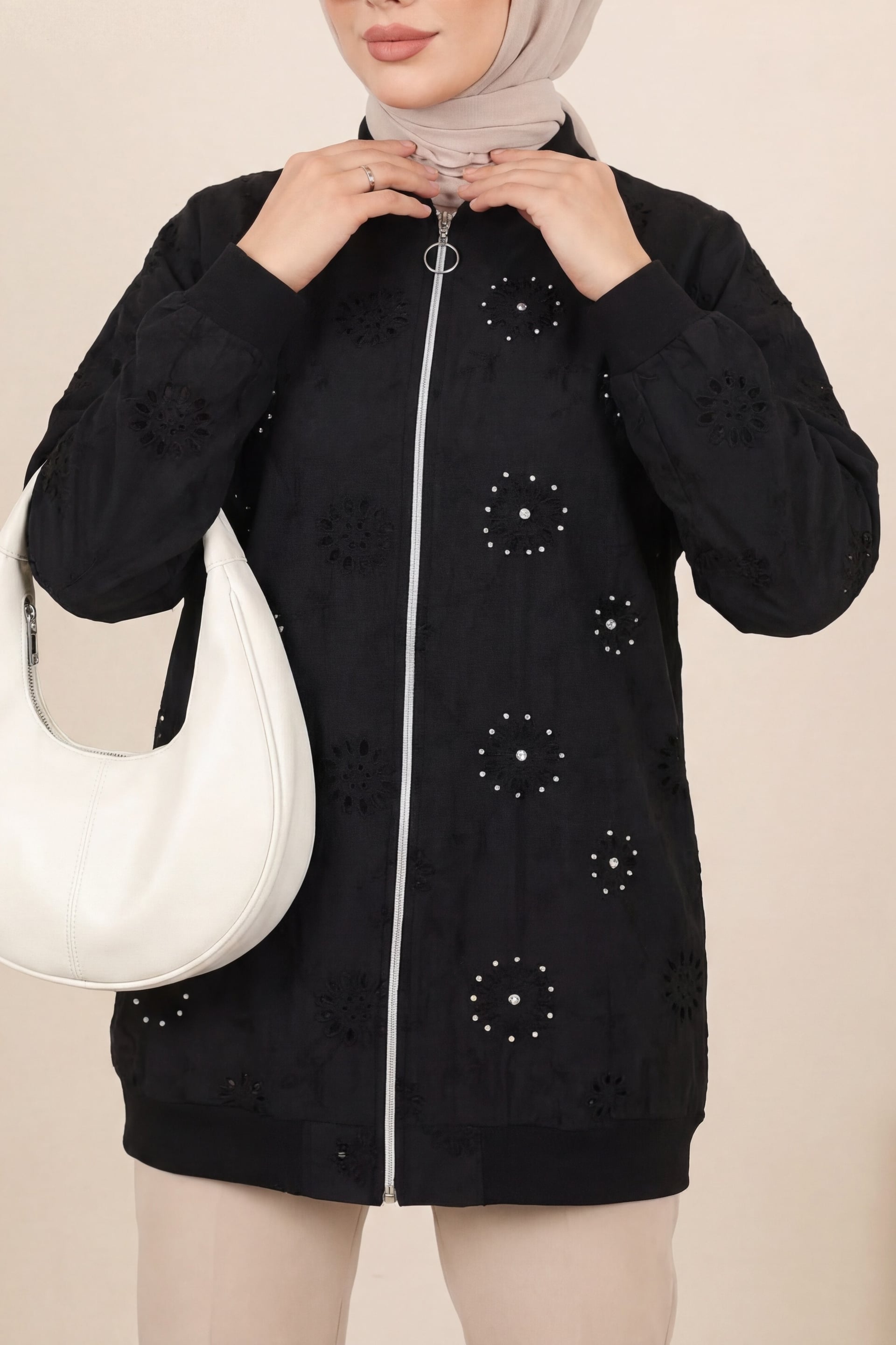 Black Zip-Front Pearl and Stone Embellished Tunic - Podyumplus - by Peralane - photo 3