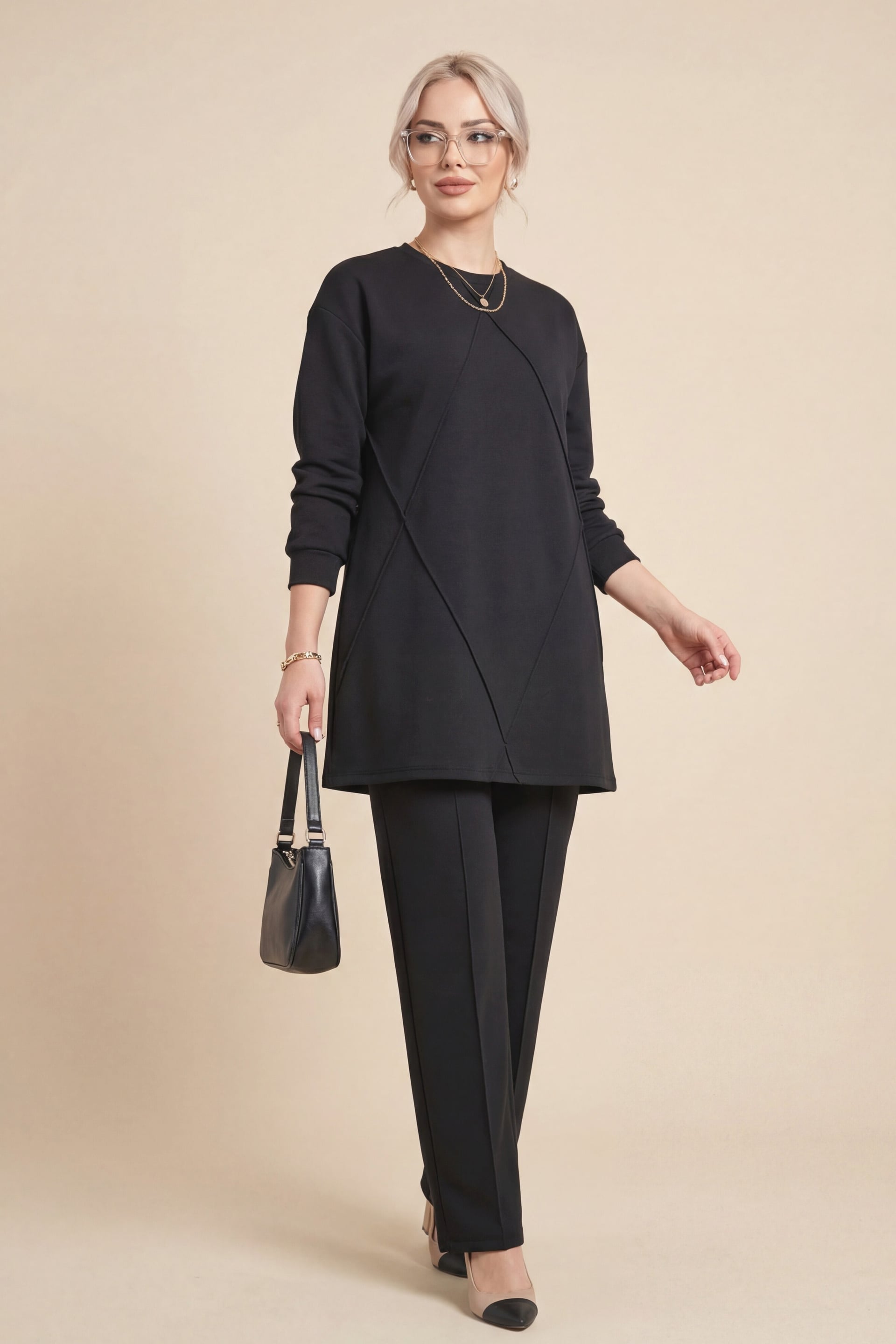 Black Long-Sleeved Sweatshirt and Trousers Co-ord Set - Podyumplus - by Peralane - photo 4