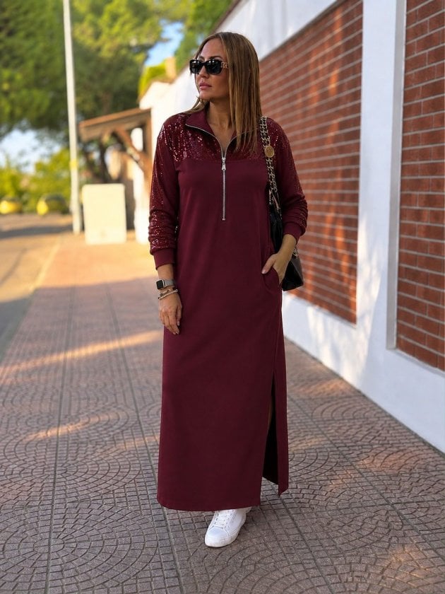 Women's Long Sleeve Zip-Up Sequin Detail Long Viscose Two-Thread Dress - Janes - by Peralane