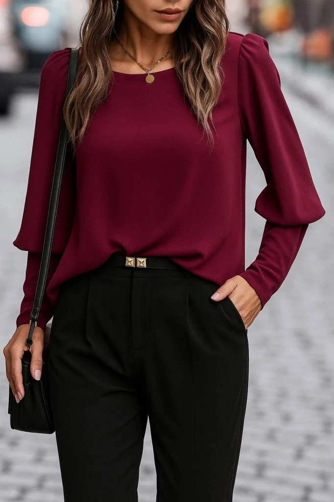 Women's Long Sleeve Round Neck Buttoned Crepe Blouse - Janes - by Peralane