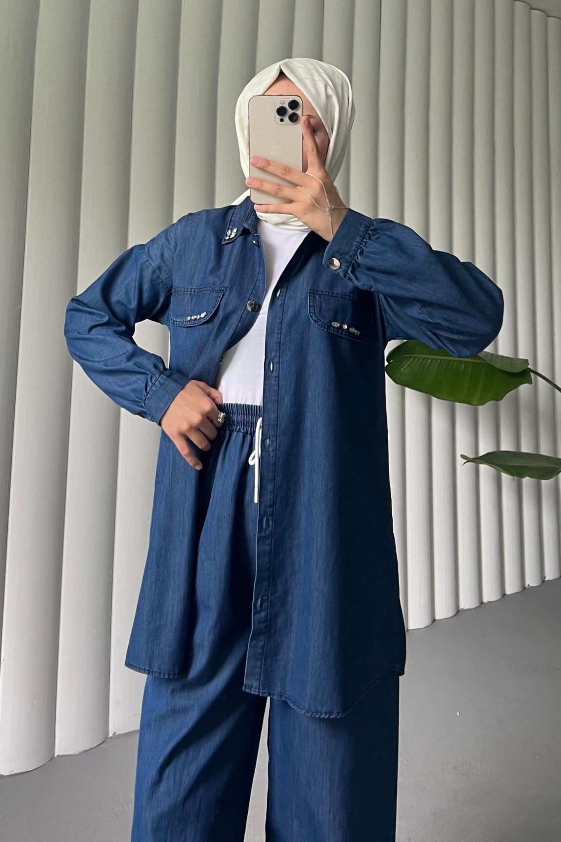 Buttoned Pocket Detail Wide Leg Denim Co-ord Set - Indigo - Podyumplus - by Peralane - photo 6