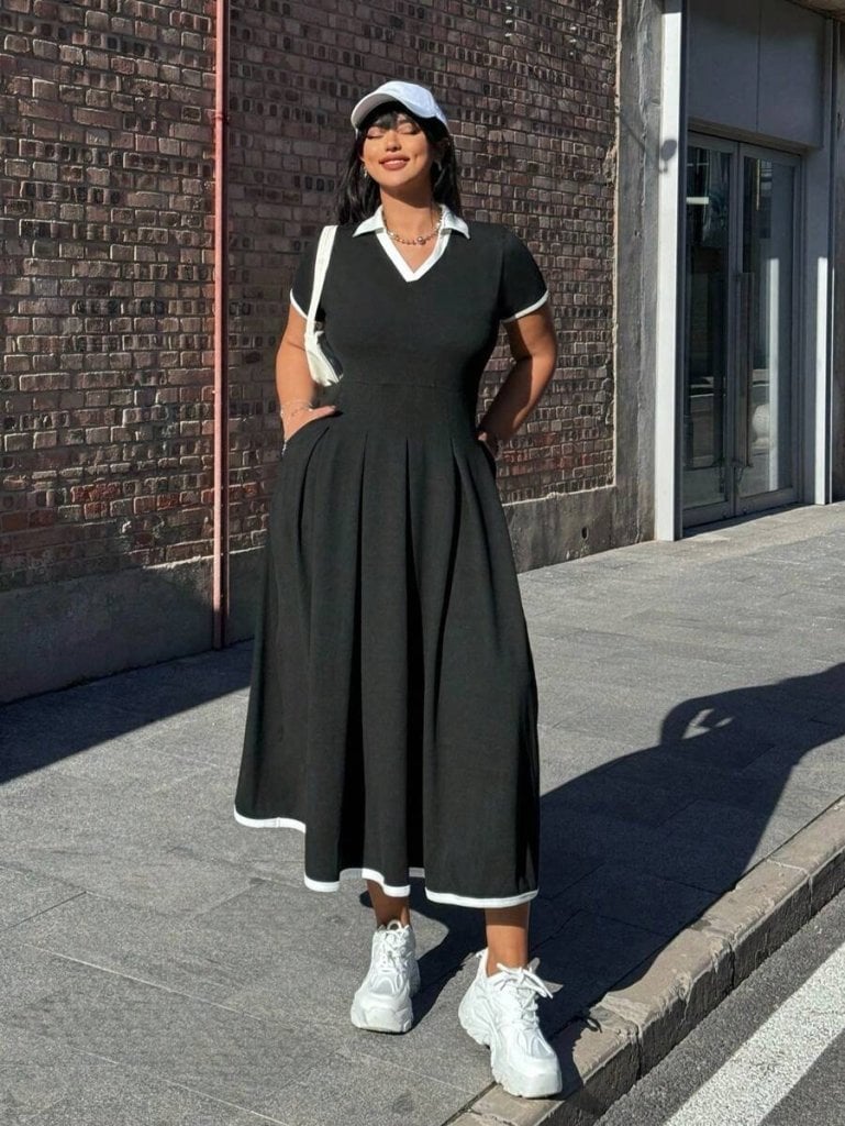 Women's Short Sleeve V-Neck Pleated Long Crepe Dress - Janes - by Peralane - photo 2