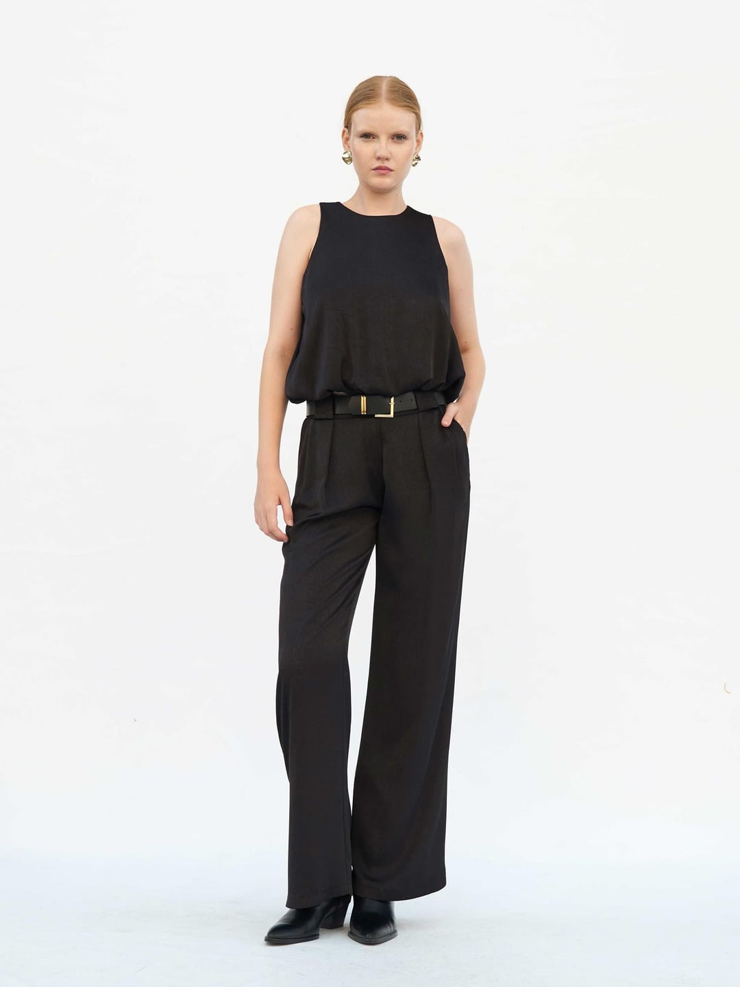 Black Satin Belted Wide-Leg Trousers - Lefon - by Peralane