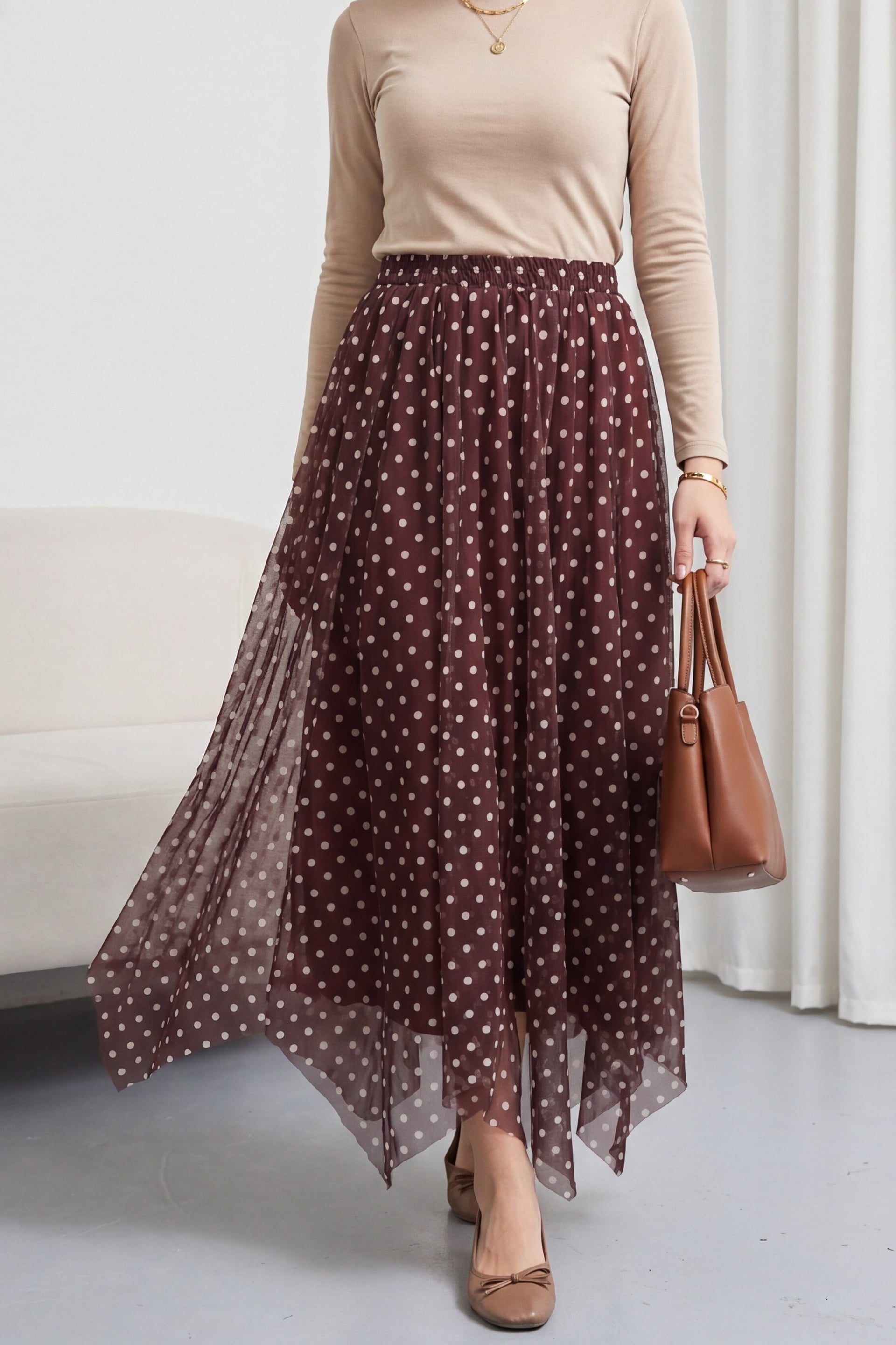 Elasticated Waist Asymmetric Layered Lined Chiffon Skirt - Bordeaux - Podyumplus - by Peralane