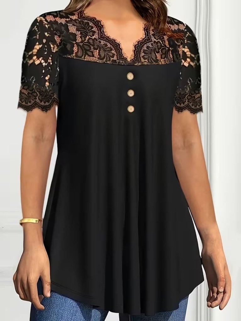 Women's Short Sleeve V-Neck Lace Trim Blouse - Black - Janes - by Peralane