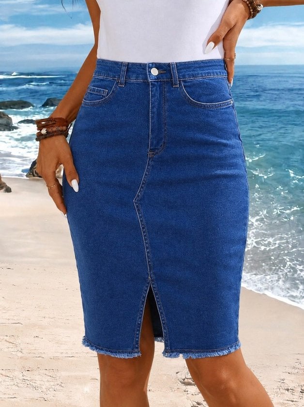 Women's High-Waist Front Slit Short Denim Skirt - Janes - by Peralane