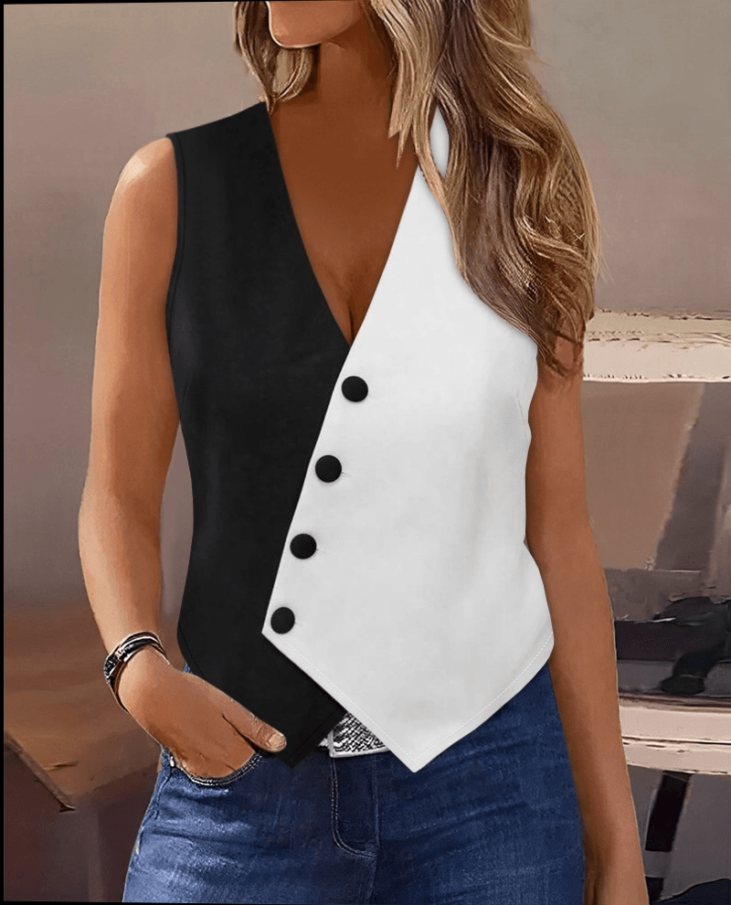 Women's Sleeveless V-Neck Buttoned Color-Block Satin Vest - Janes - by Peralane - photo 4
