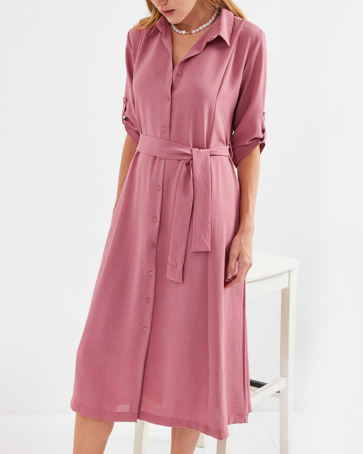 Belted Shirt Dress in Dusty Rose - Womens Midi Dress - Bigdart - by Peralane - photo 3
