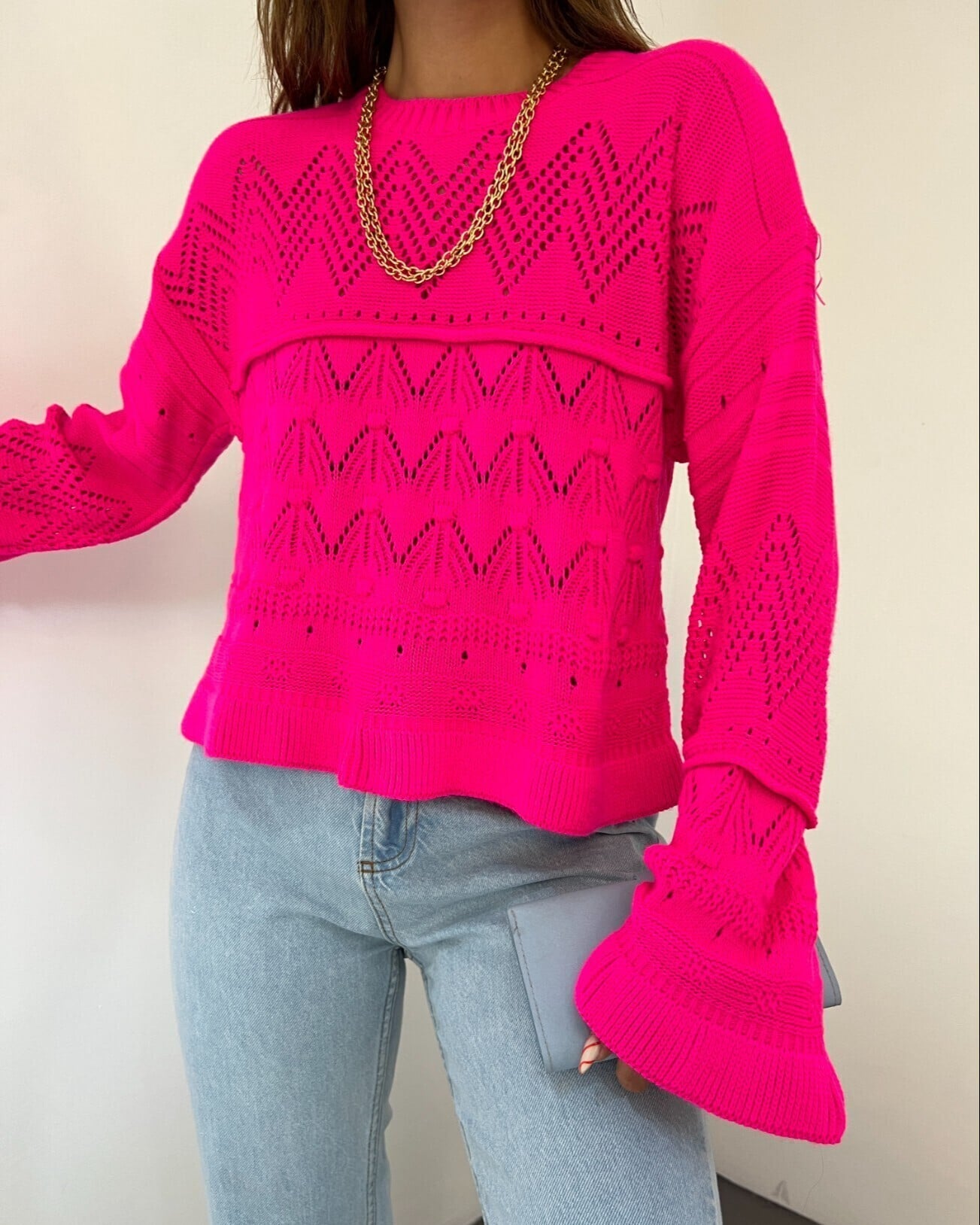 Biker Neck Cropped Knit Sweater with Pom Pom Details - Fuchsia - Podyumplus - by Peralane - photo 3