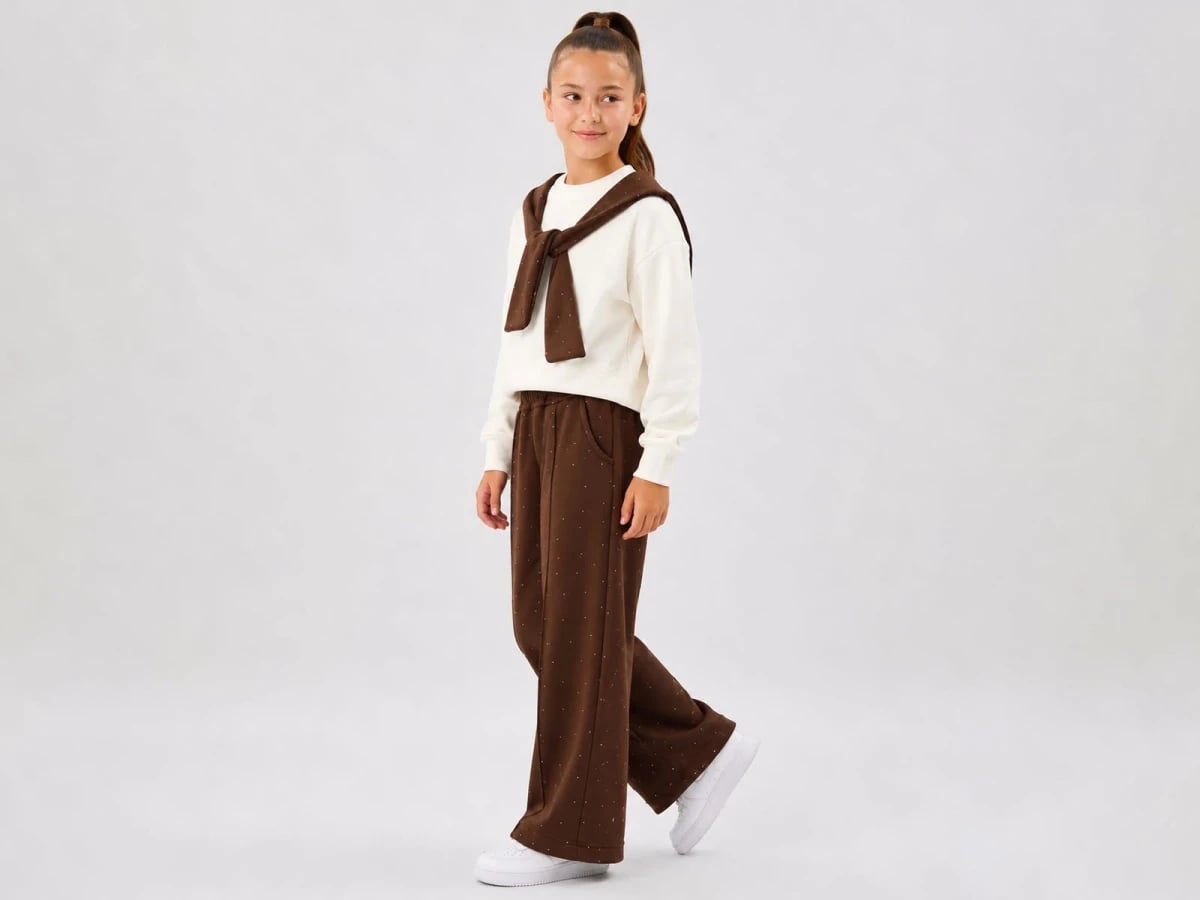 Girls' Stone Detail Drawstring 3-Piece Loungewear Set with Sweatshirt and Wide-Leg Trousers - Incilay - by Peralane