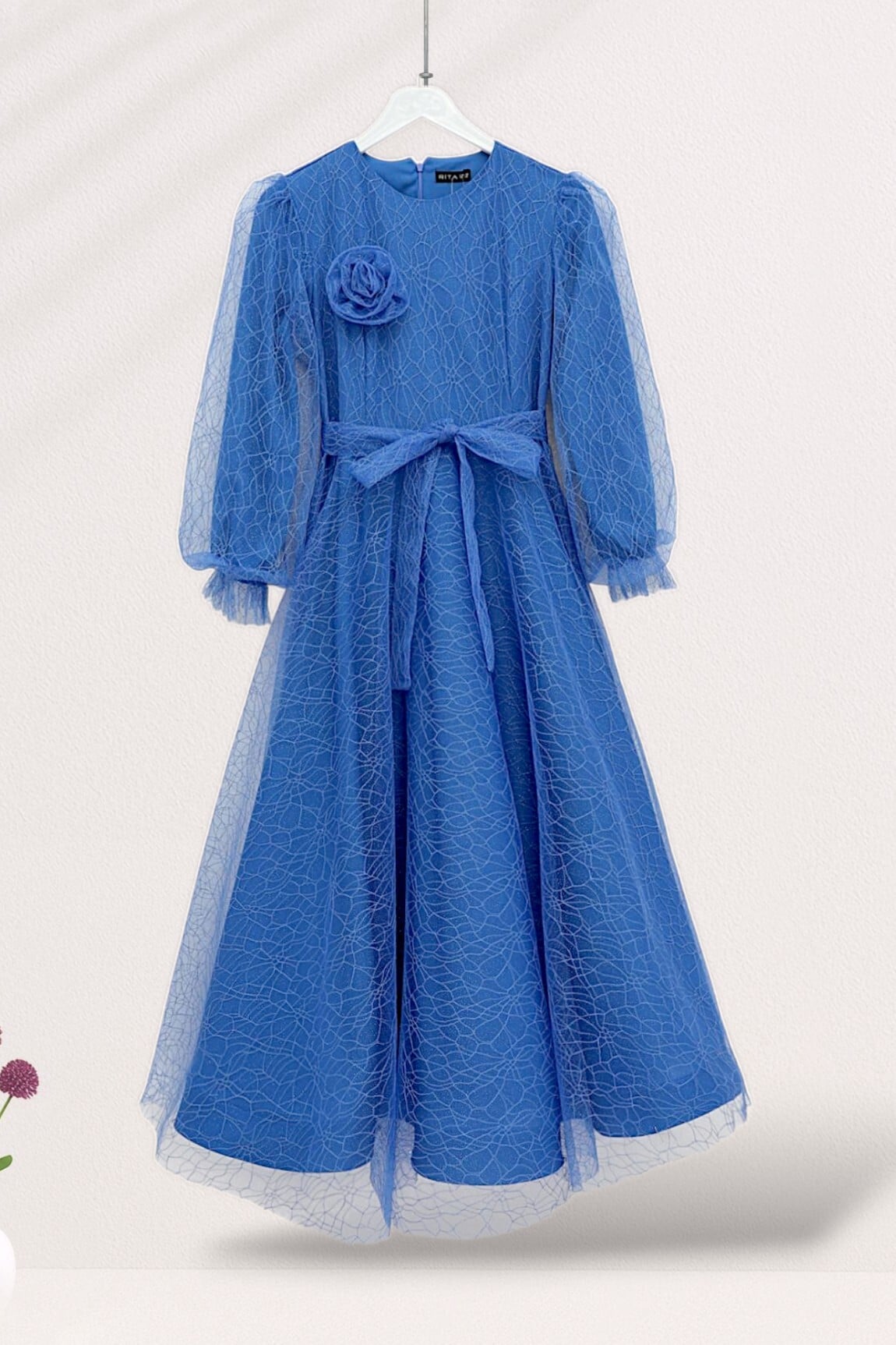 Blue Sequined Tulle Evening Dress with Belted Waist and Balloon Sleeves - Podyumplus - by Peralane - photo 3