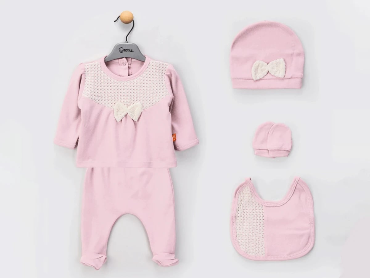 Pink Cotton Newborn Girl 5-Piece Bow Dantel Set - 2 Pack - Beyaz Bebek - by Peralane