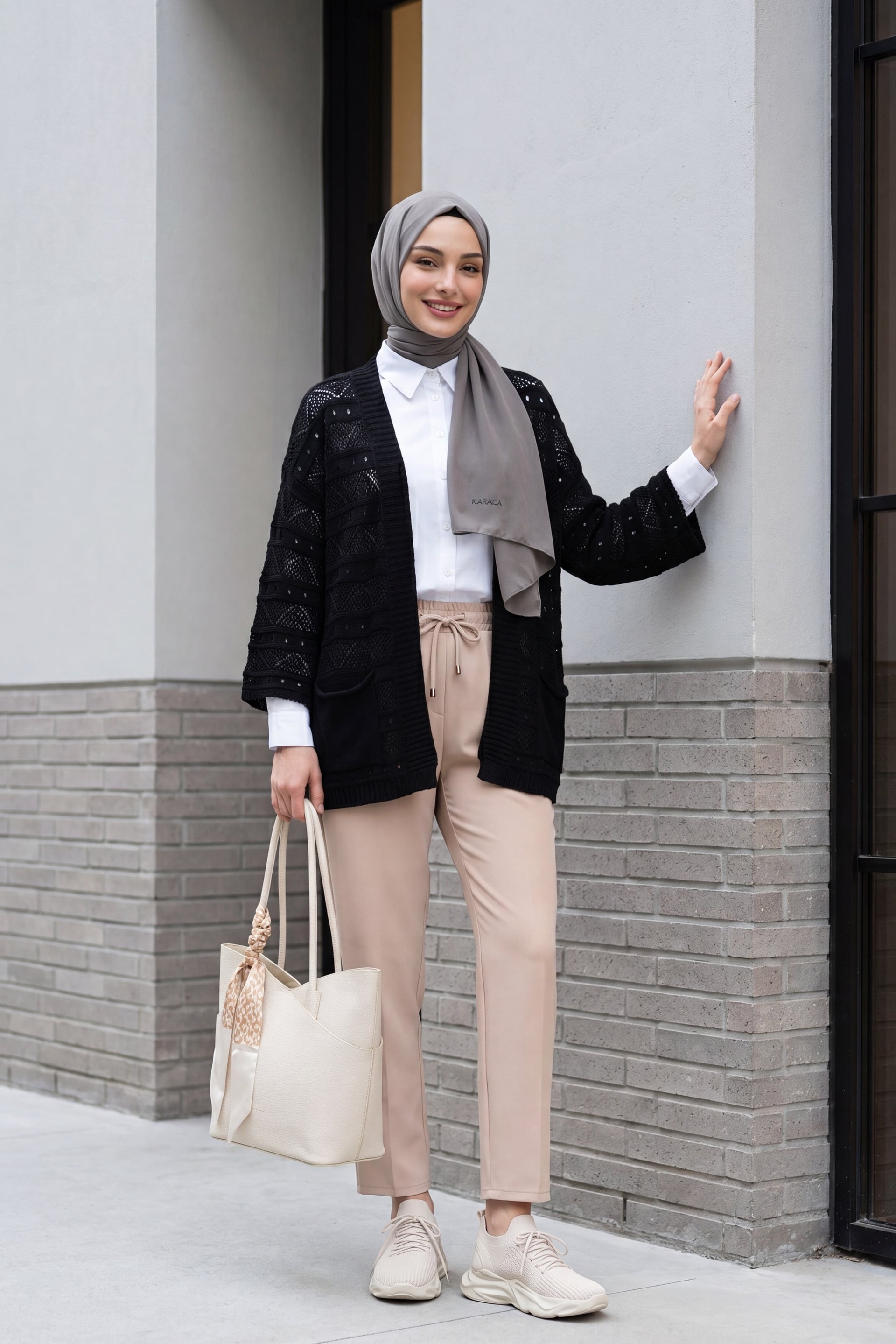 Black Open-Knit Spanish-Sleeve Cardigan with Double Pockets - Podyumplus - by Peralane - photo 4
