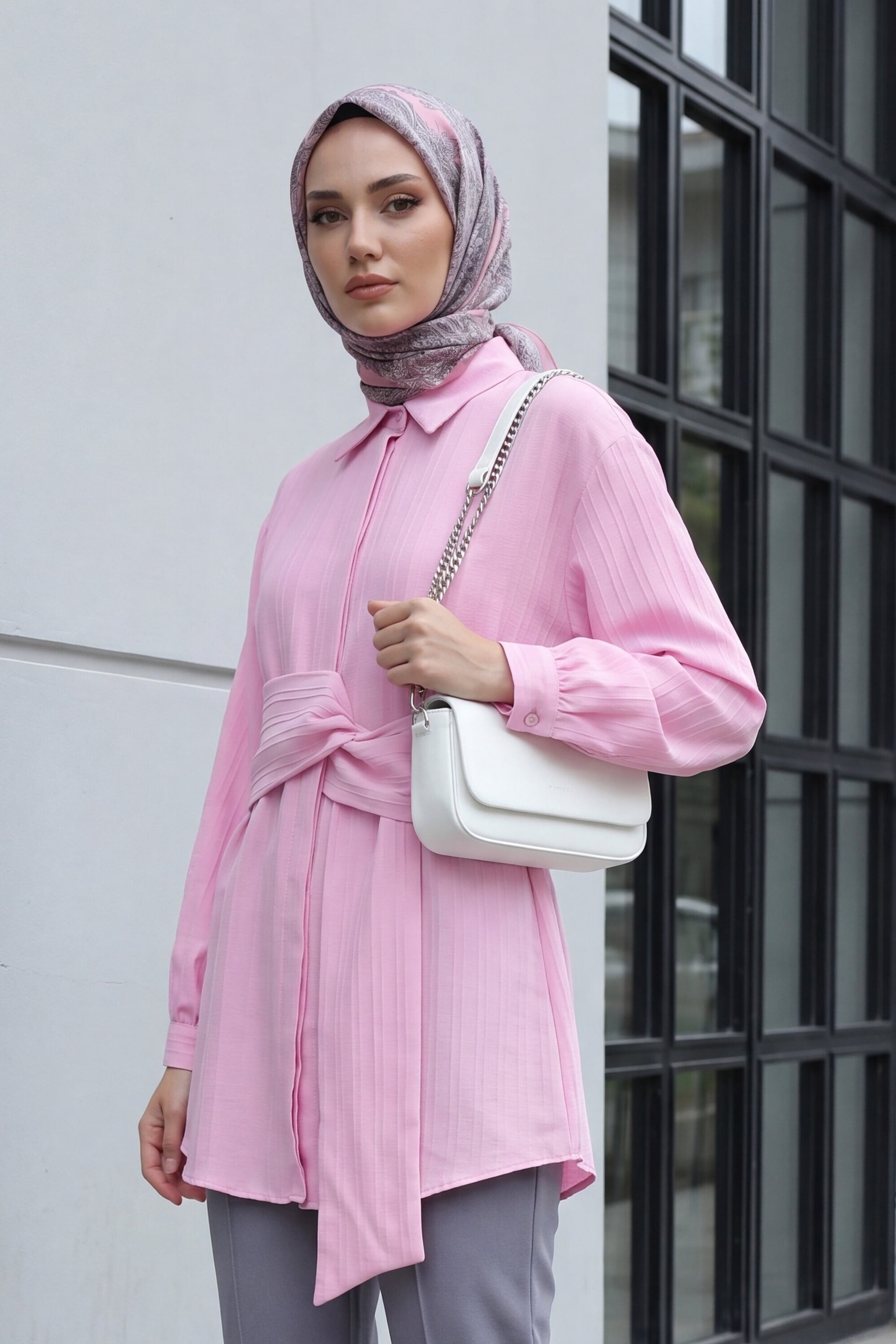 Pink Crinkle Corduroy Waist-Tie Shirt - Podyumplus - by Peralane - photo 2