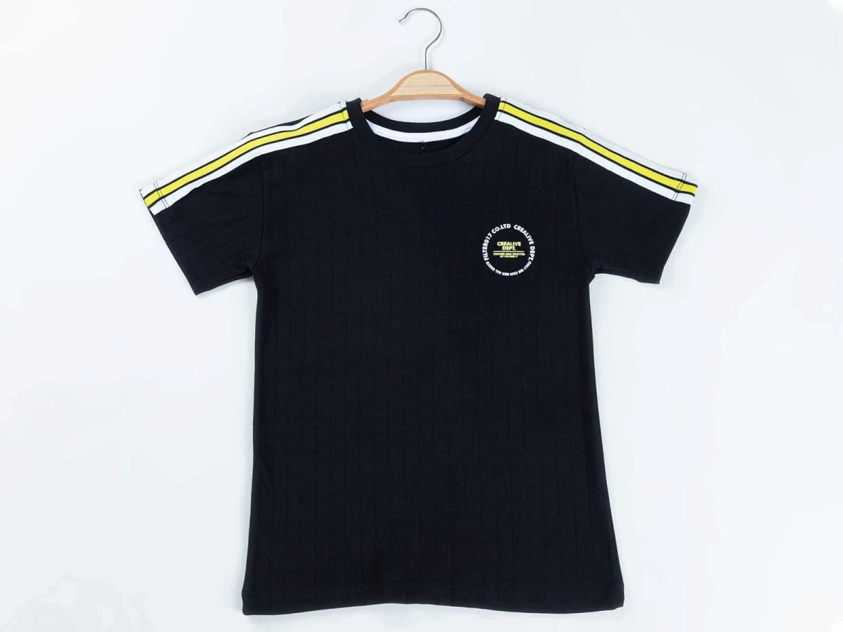 Girls' Graphic Print T-Shirt with Ribbed Texture and Striped Sleeves - Black (Pack of 4) - Civilti - by Peralane