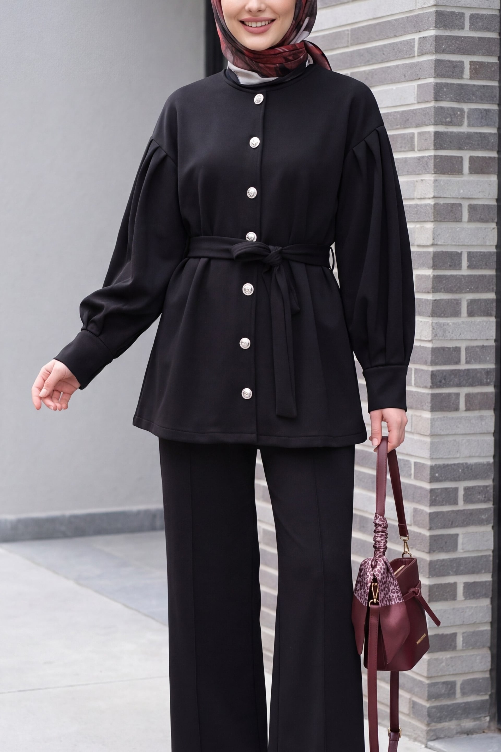 Belted Button-Front Scuba Trousers Set - Black - Podyumplus - by Peralane