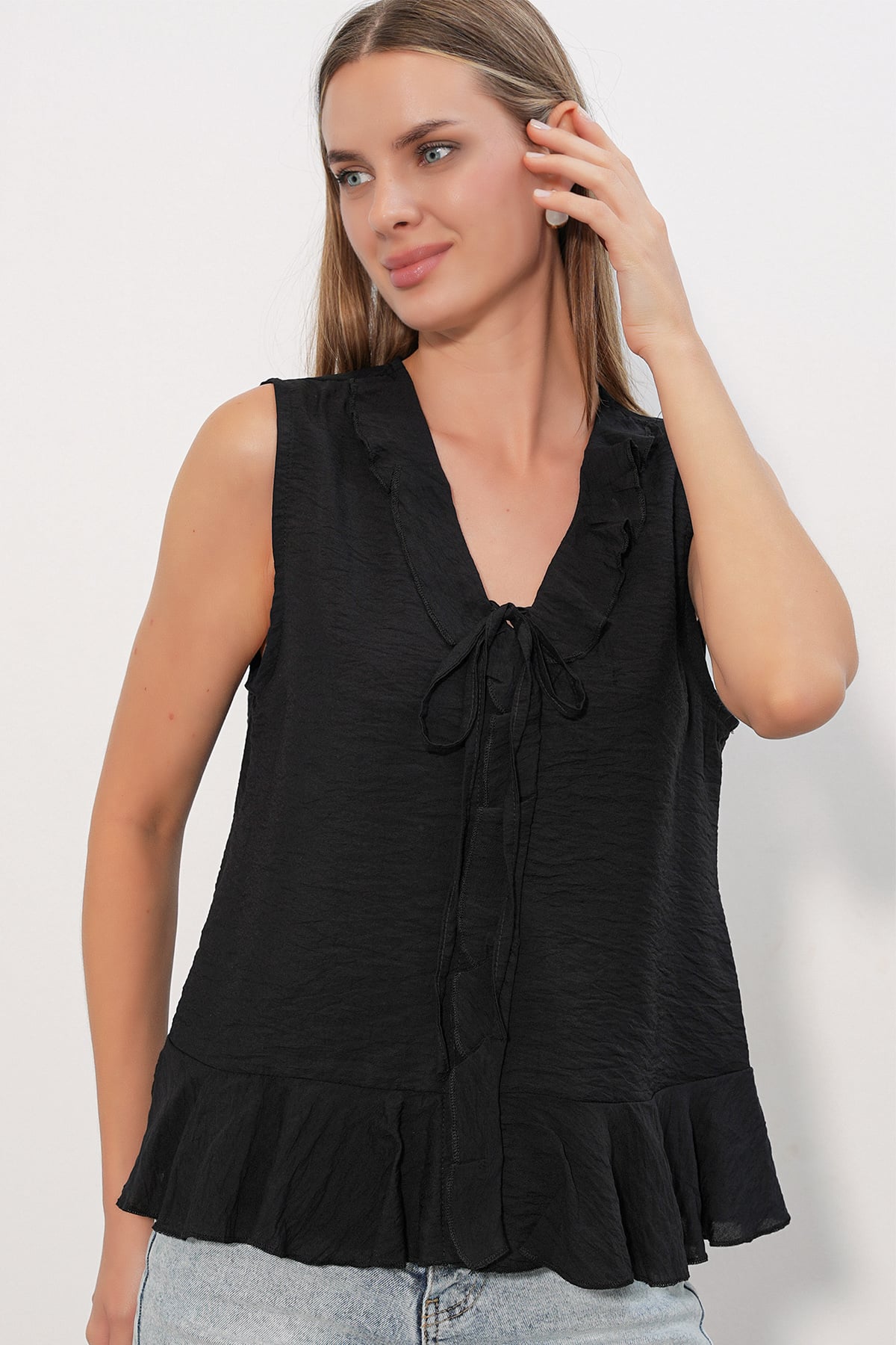 Women's V-Neck Tie Detail Ruffled Blouse 40033 - Black - Bigdart - by Peralane - photo 5