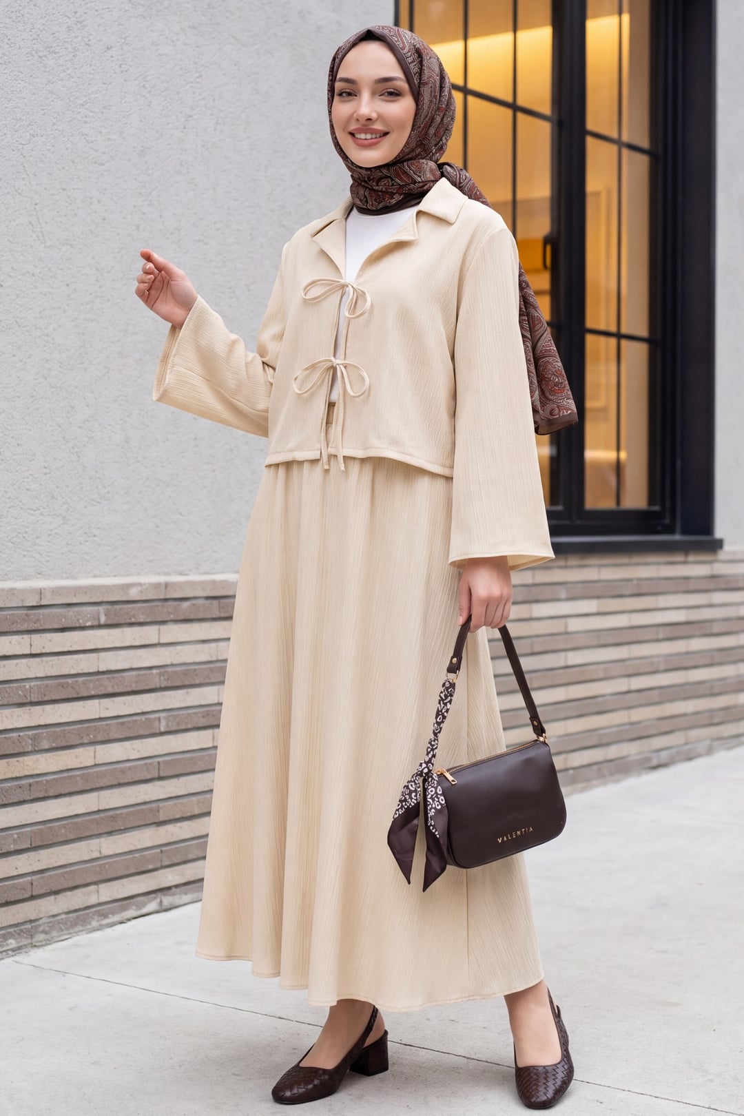Front-Tie Crinkle Two-Piece Modest Set with Skirt - Beige - Podyumplus - by Peralane