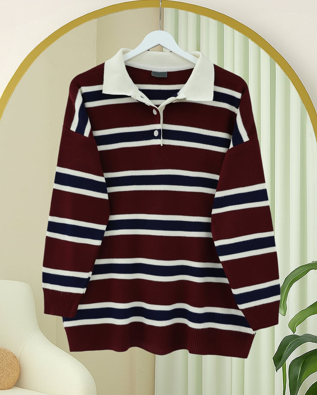 Polo Collar Half-Button Striped Knit Sweater for Women - Burgundy - Podyumplus - by Peralane - photo 3
