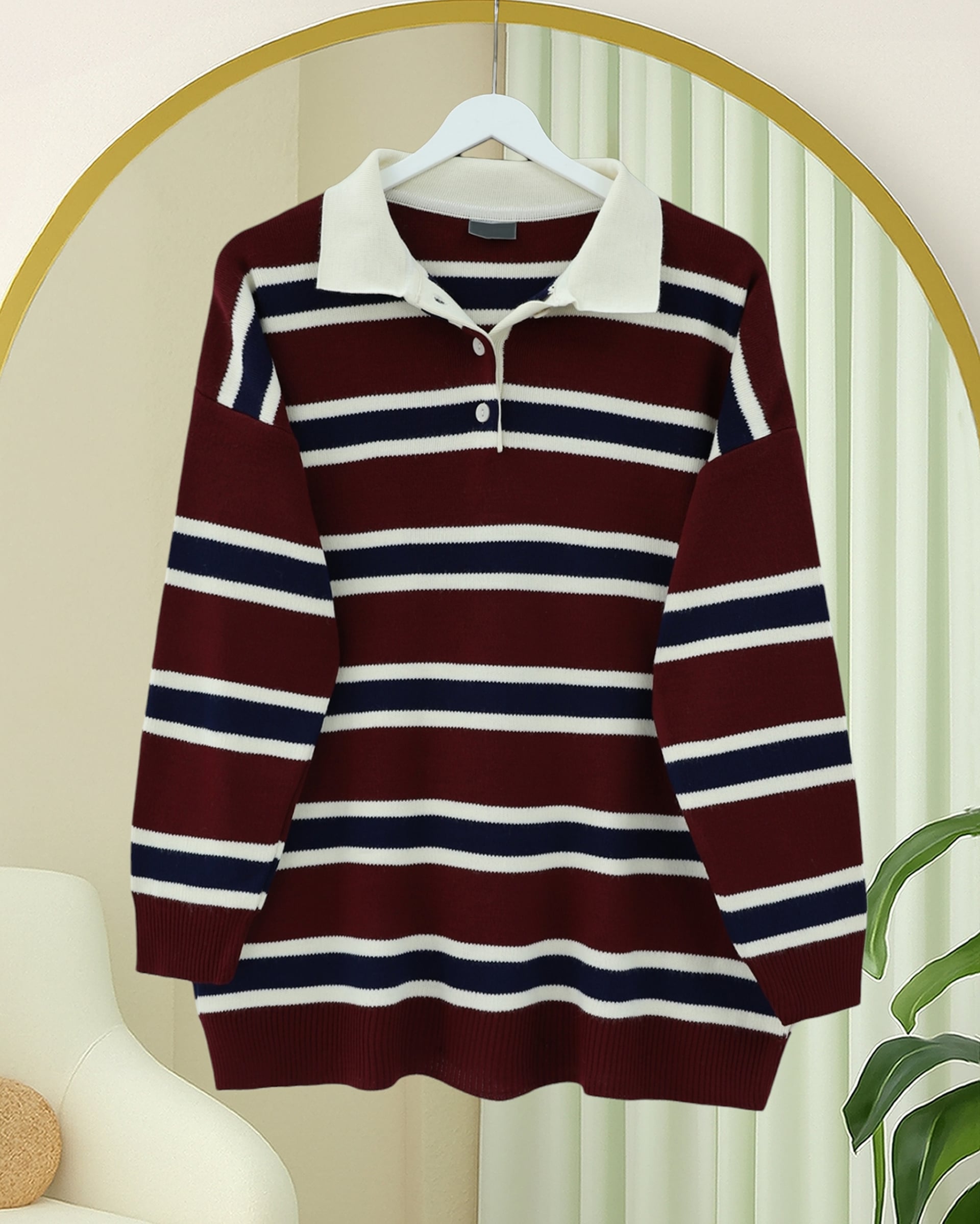 Polo Collar Half-Button Striped Knit Sweater for Women - Burgundy - Podyumplus - by Peralane - photo 3