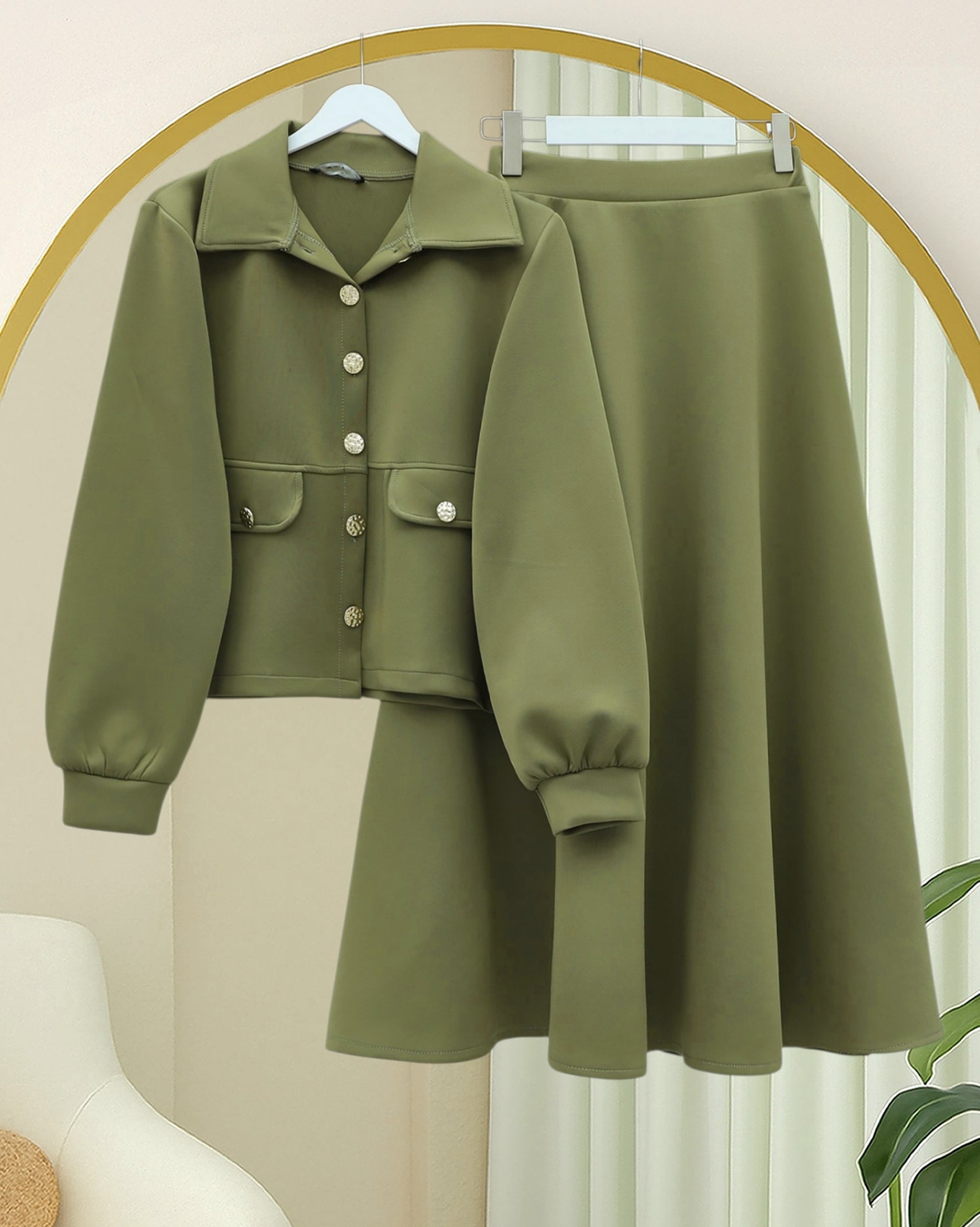 Pocket Detail Buttoned Scuba Skirt Suit - Olive Green - Podyumplus - by Peralane - photo 3