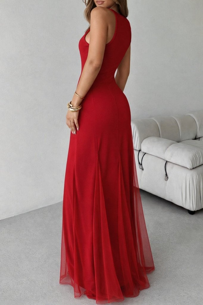 Women's Sleeveless High Neck Long Red Dress with Tulle Detail - Janes - by Peralane - photo 3