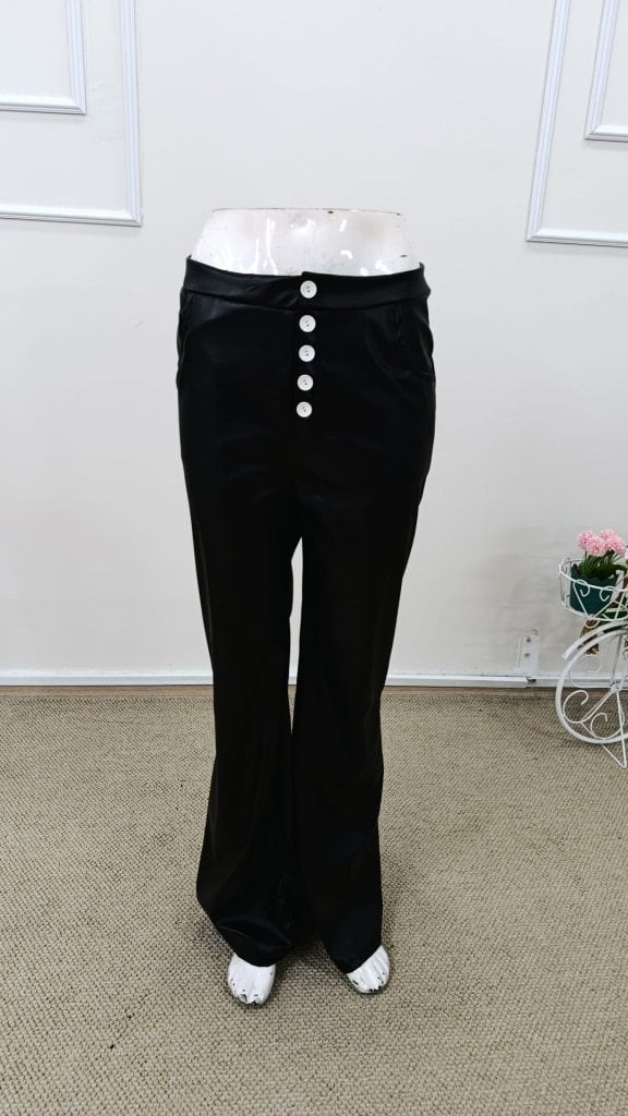 Women's High-Waist Button-Front Faux Leather Flared Trousers - Janes - by Peralane - photo 6
