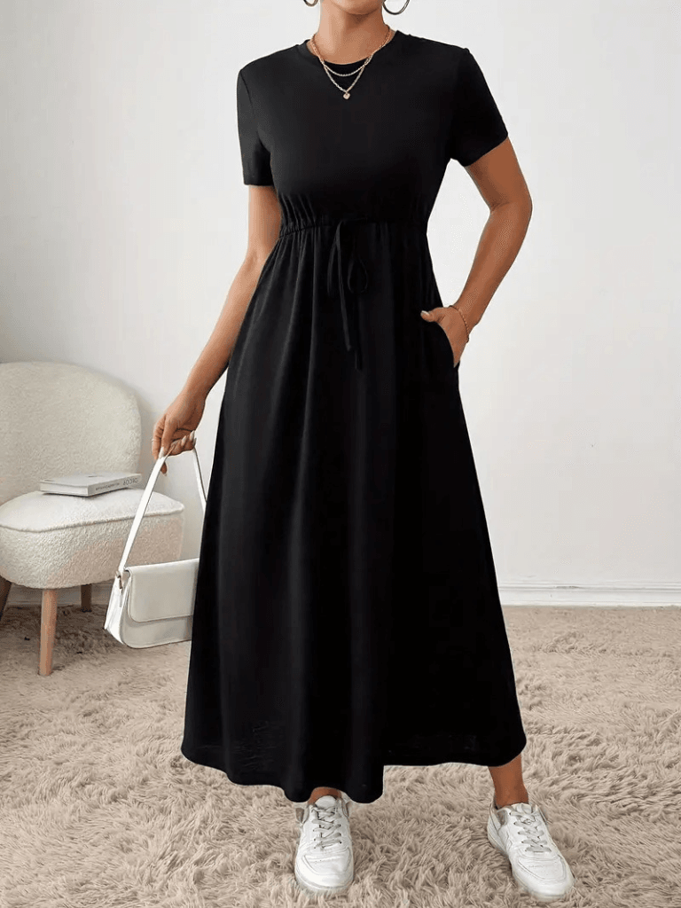 Women's Short-Sleeved Round Neck Drawstring Waist Maxi Dress in Black - Janes - by Peralane - photo 5