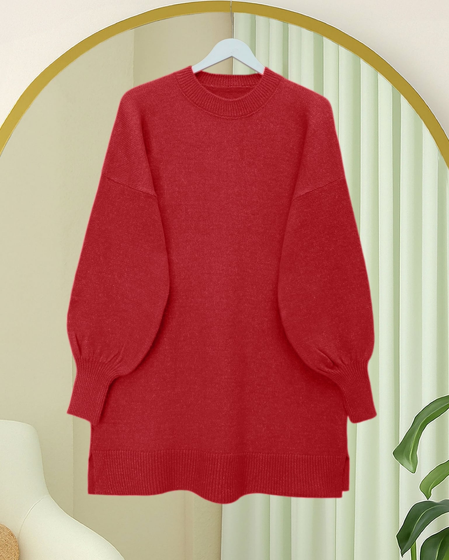 Round Neck Balloon Sleeve Oversized Knit Sweater - Pomegranate - Podyumplus - by Peralane - photo 2