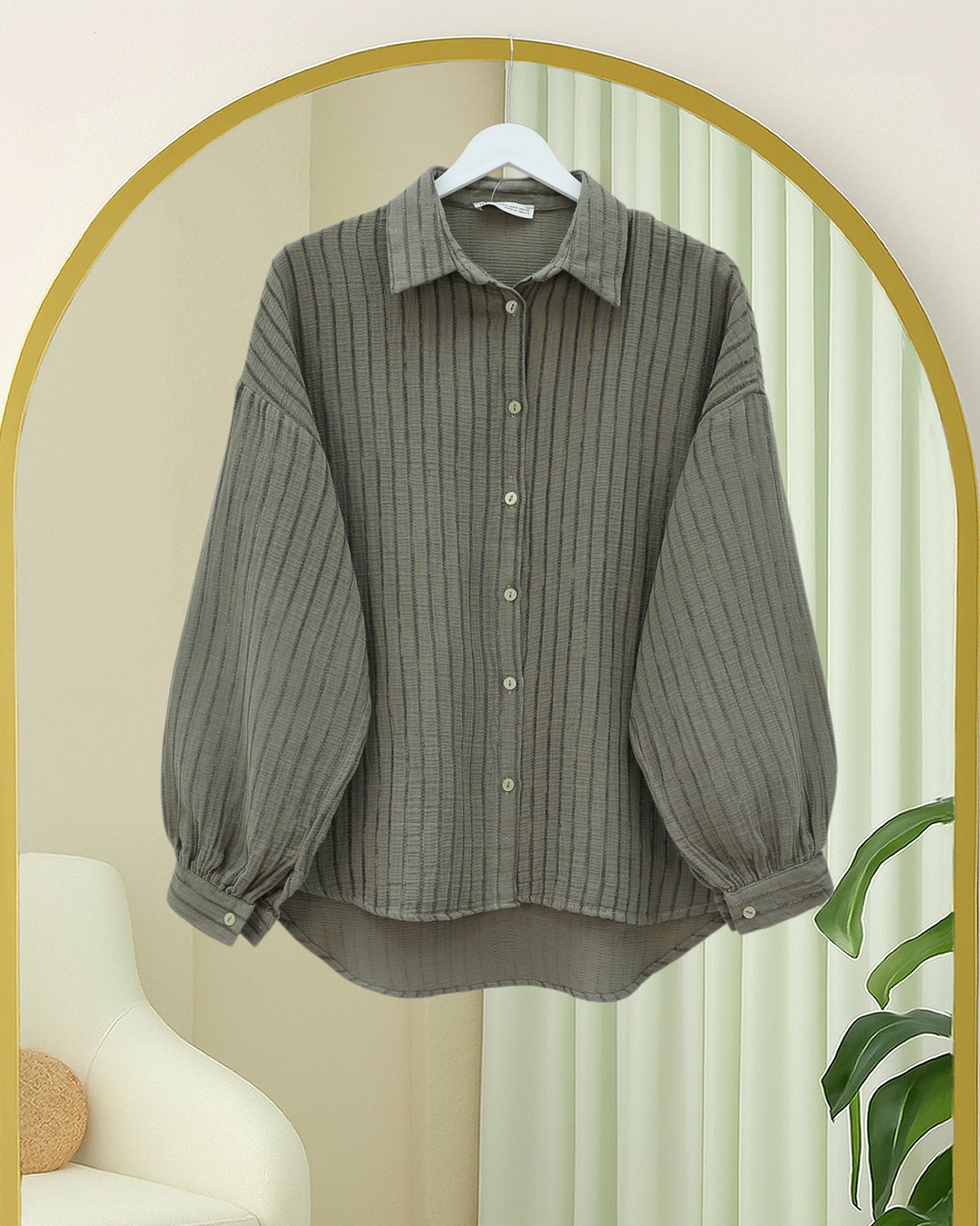 Stitched Stripe Long Back Loose Muslin Blouse - Khaki - Podyumplus - by Peralane - photo 4