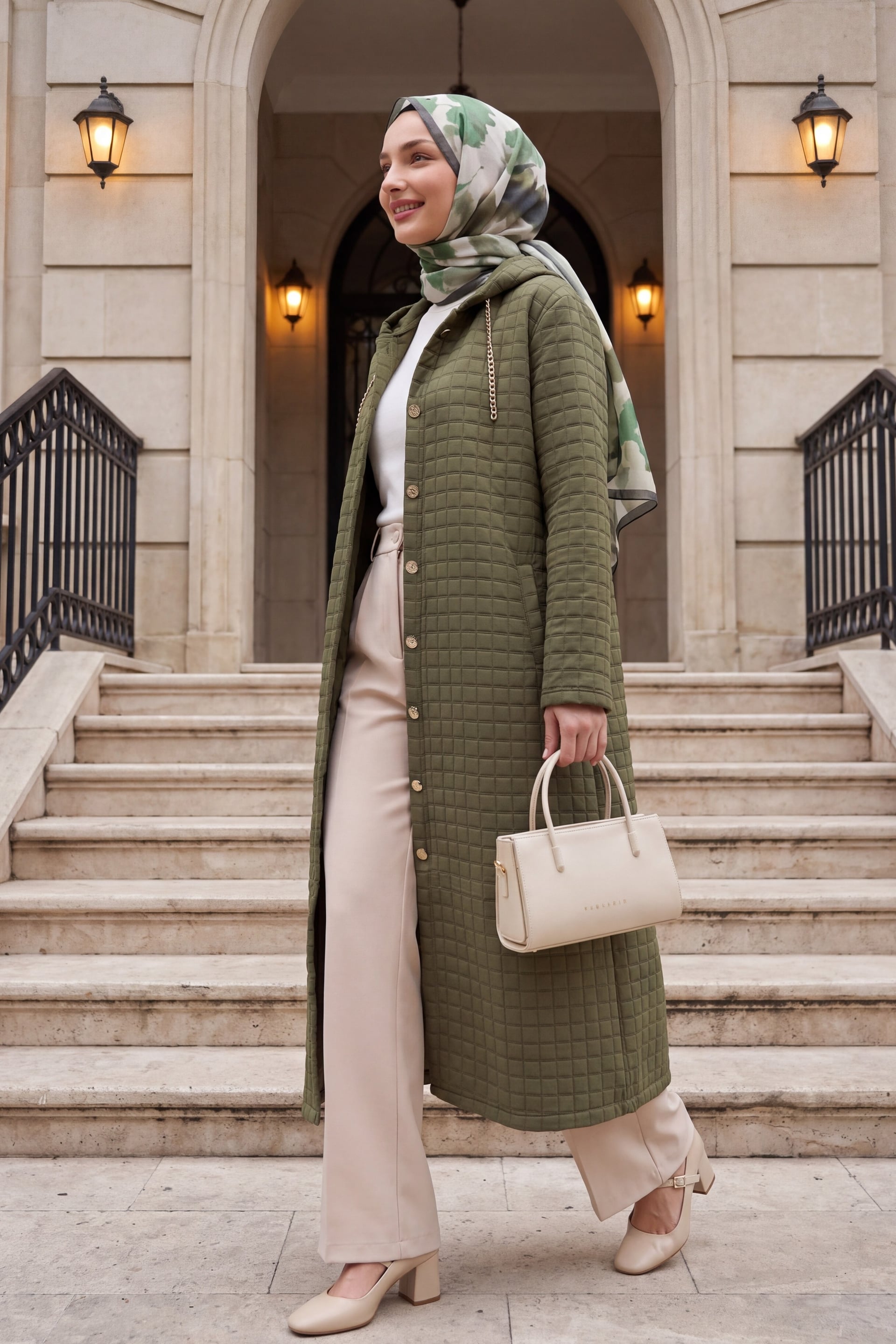 Long Quilted Jacket with Chain Collar Detail - Olive Green - Podyumplus - by Peralane - photo 6