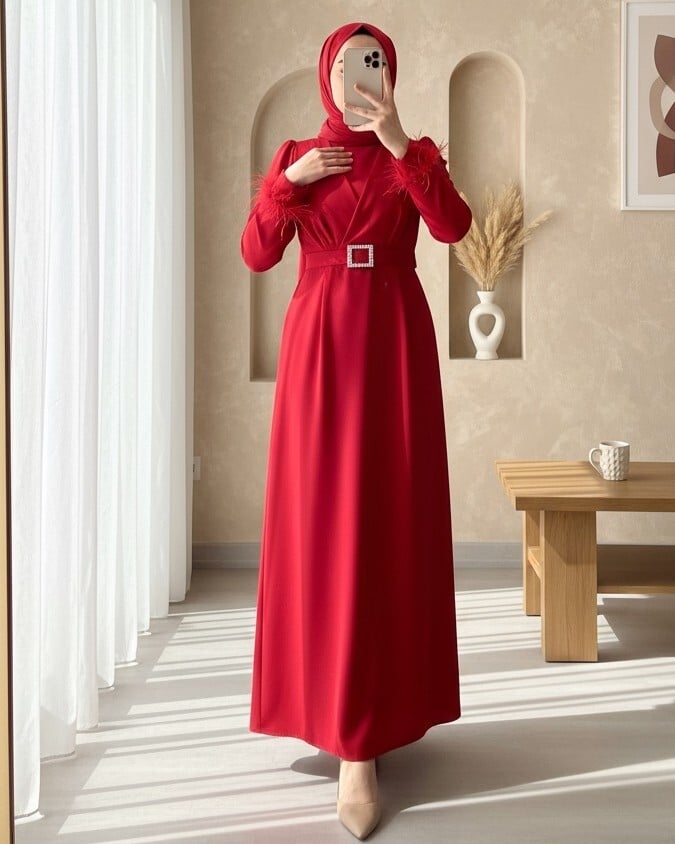 Women's Red Belted Dress with Feather Cuff Detail - Podyumplus - by Peralane - photo 2