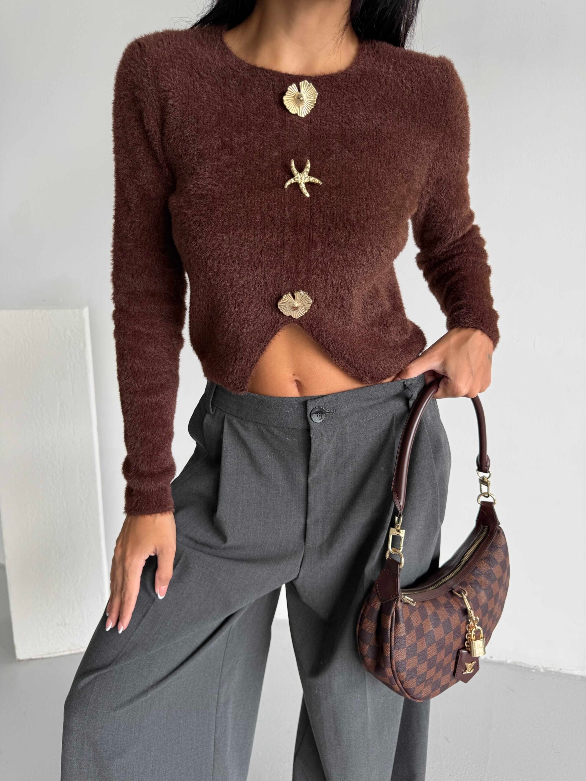 Brown Fuzzy Knit Cardigan with Gold-Tone Buttons - My Bee - by Peralane