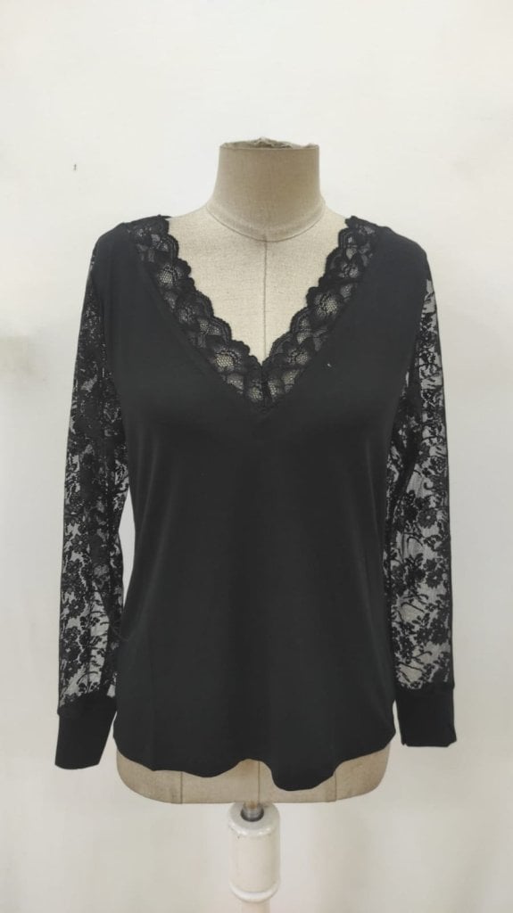 Women's Long-Sleeved V-Neck Lace Trim Viscose Blouse - Janes - by Peralane - photo 4