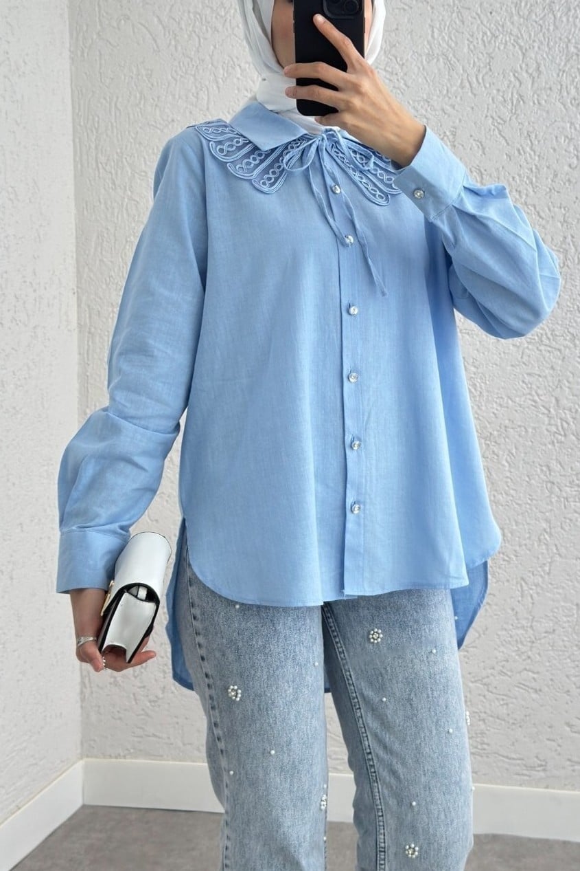 Collar Detail Long Back Buttoned Blouse - Blue - Podyumplus - by Peralane - photo 3