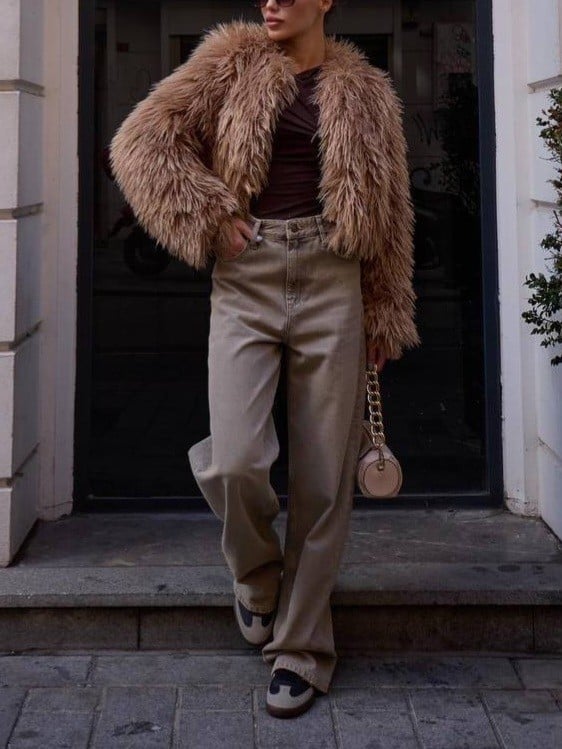 Faux Fur Open-Front Cropped Jacket in Tan - Modabessa - by Peralane - photo 2