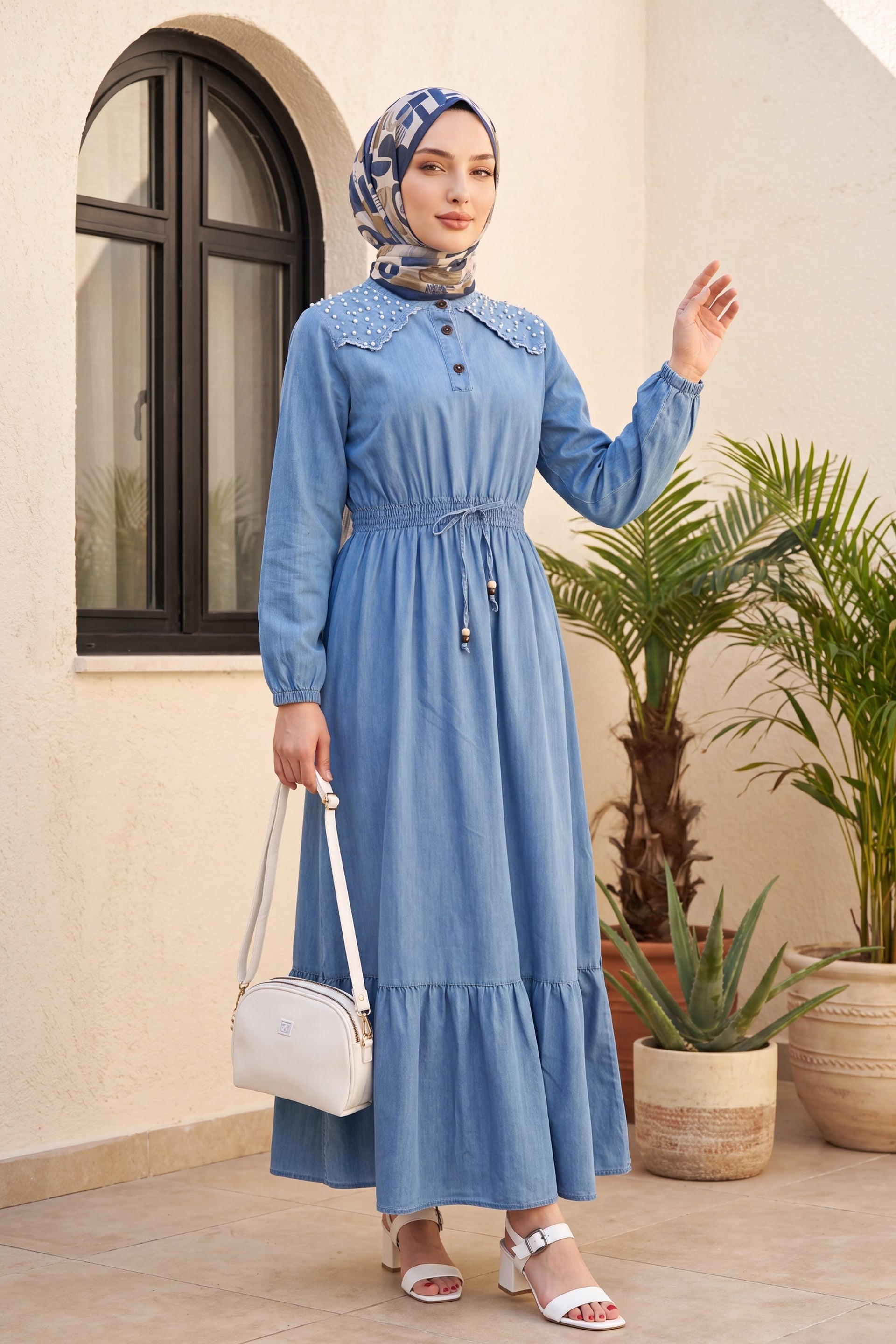 Long Denim Dress with Pearl Shoulder and Elastic Waist - Ice Blue - Podyumplus - by Peralane - photo 12