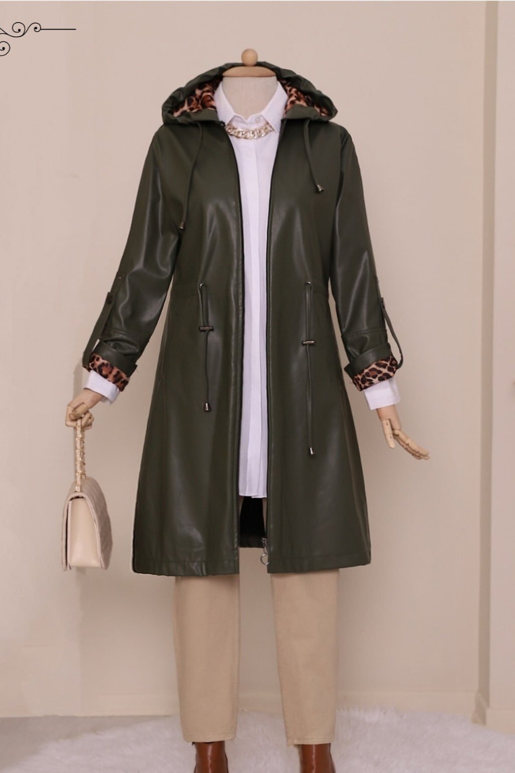 Hooded Faux Leather Coat with Tie Waist - Olive Green - Podyumplus - by Peralane