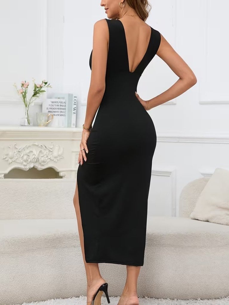 Women's Sleeveless Deep V-Neck Long Crepe Dress with Slit - Janes - by Peralane - photo 5