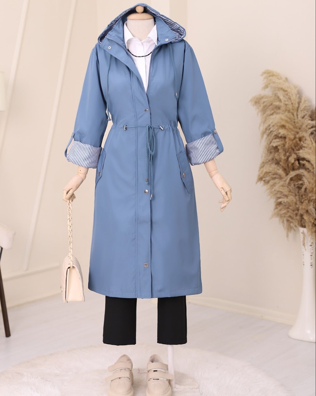 Striped Lined Hooded Trench Coat in Indigo - Podyumplus - by Peralane - photo 6