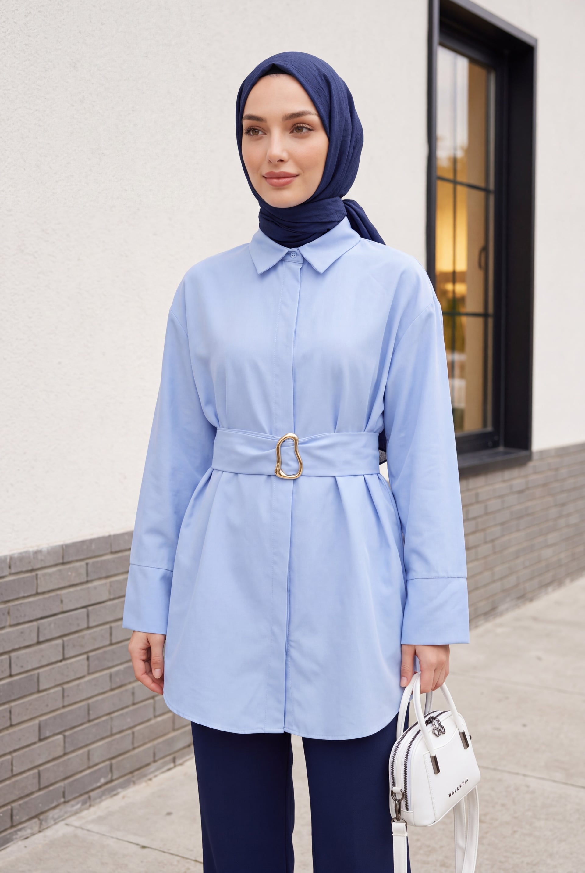 Belted Double Cuff Poplin Tunic with Hidden Button Front - Blue - Podyumplus - by Peralane