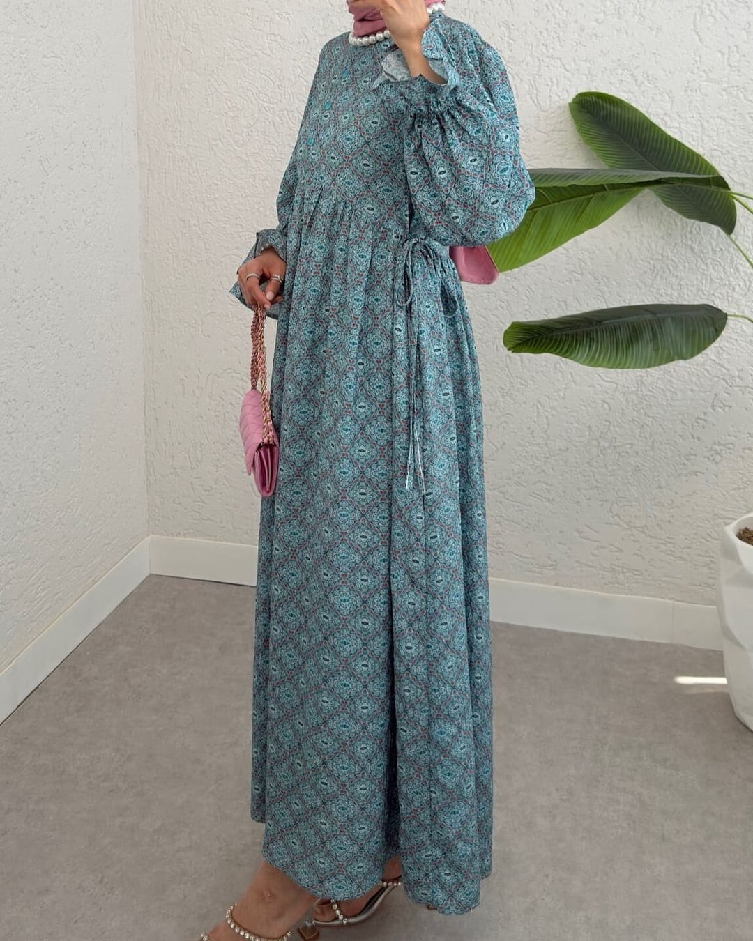 Half-Button Waist-Tie Patterned Maxi Dress - Mint - Podyumplus - by Peralane - photo 5