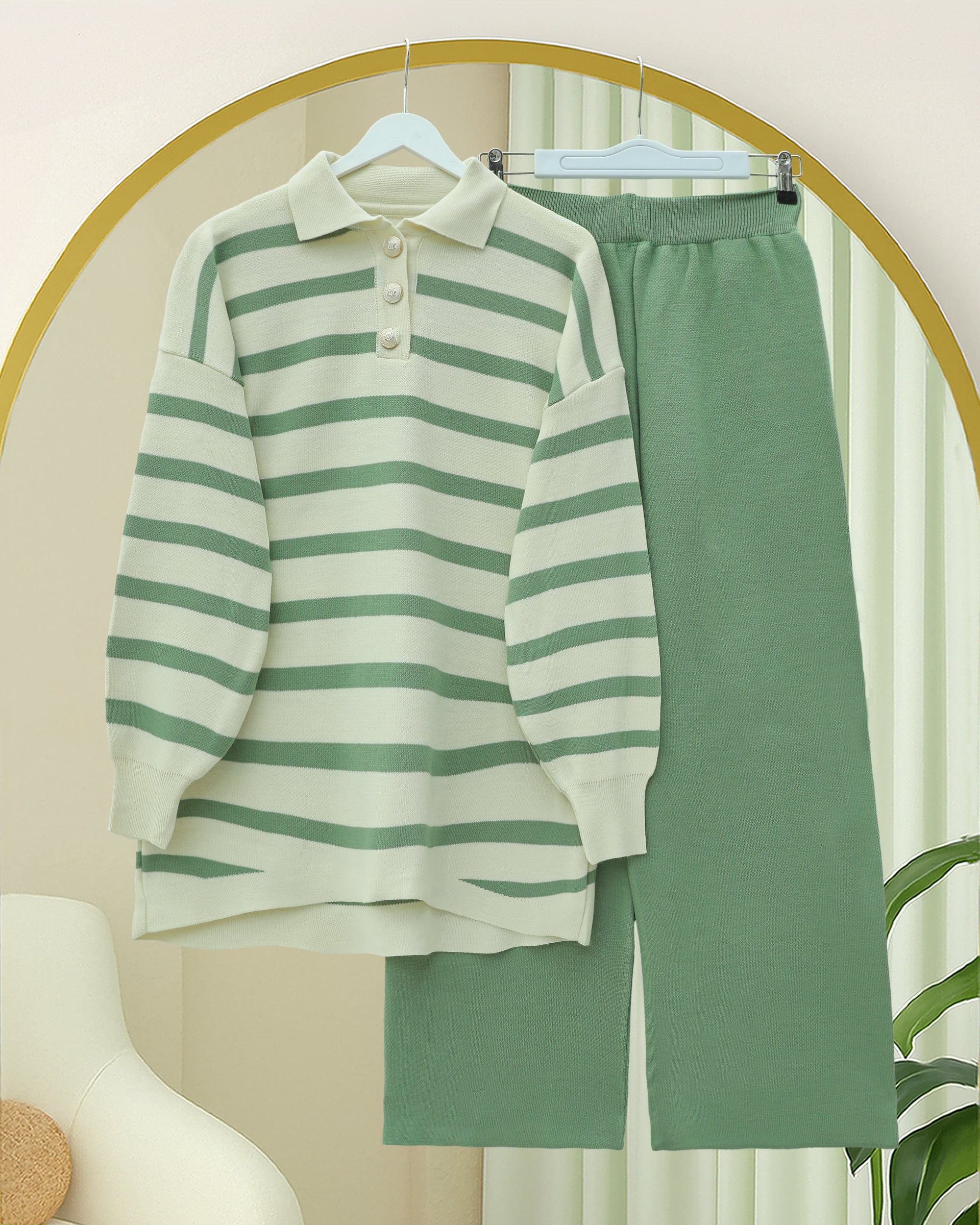 Polo Collar Buttoned Striped Knit Lounge Set - Green - Podyumplus - by Peralane - photo 3