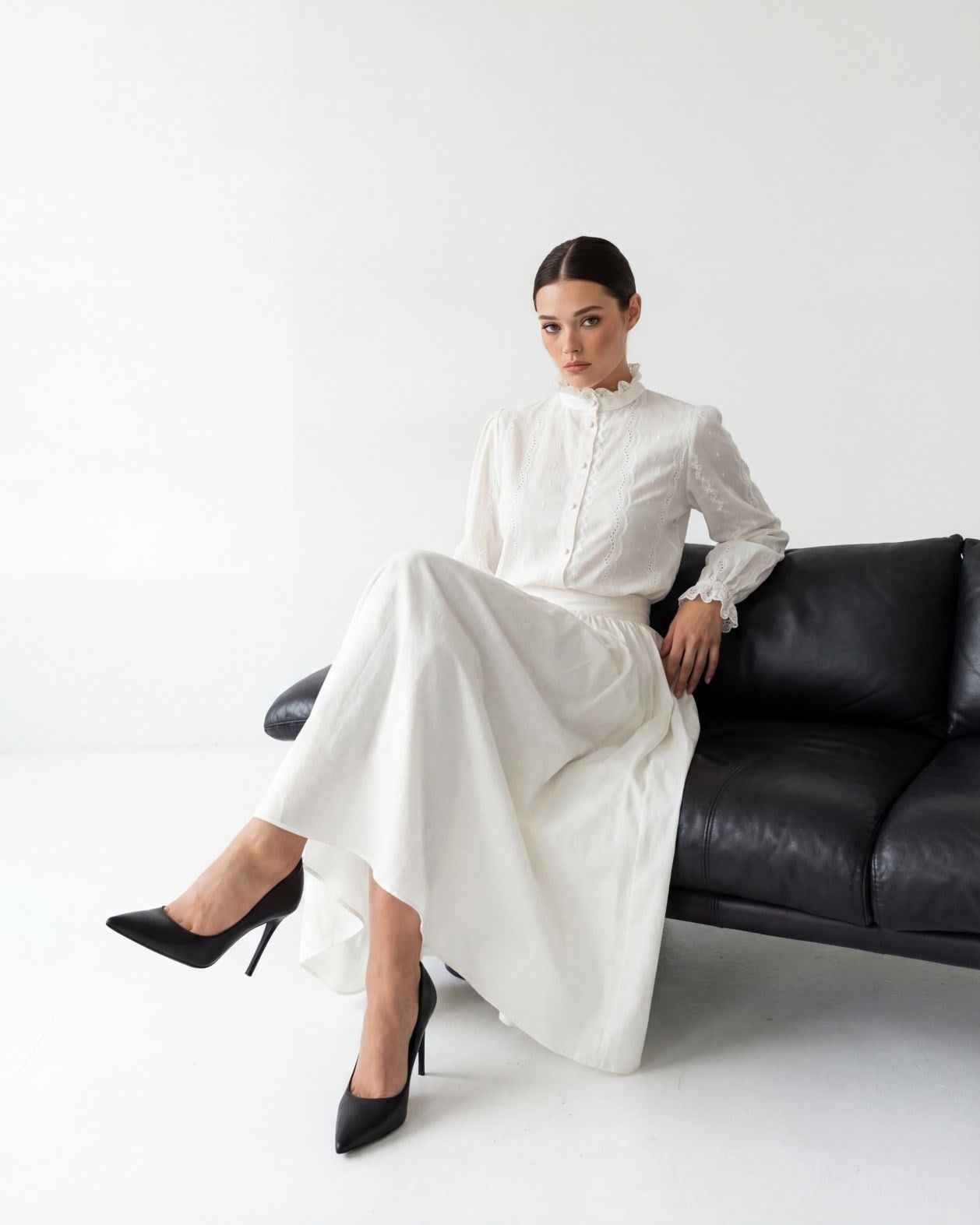 Women's Ecru Cotton Blouse and Skirt Set with Ruffled Details - Fame - by Peralane - photo 5