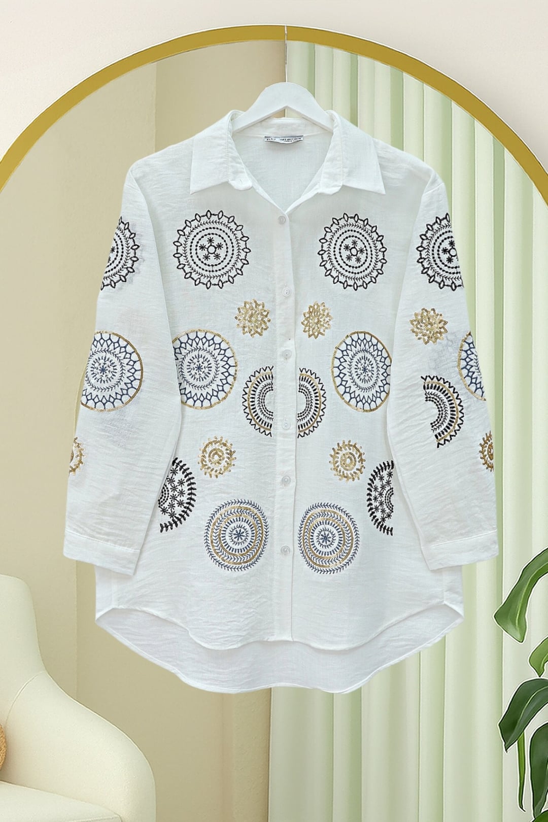 Embroidered Button-Front Linen Look Blouse - White - Podyumplus - by Peralane - photo 5