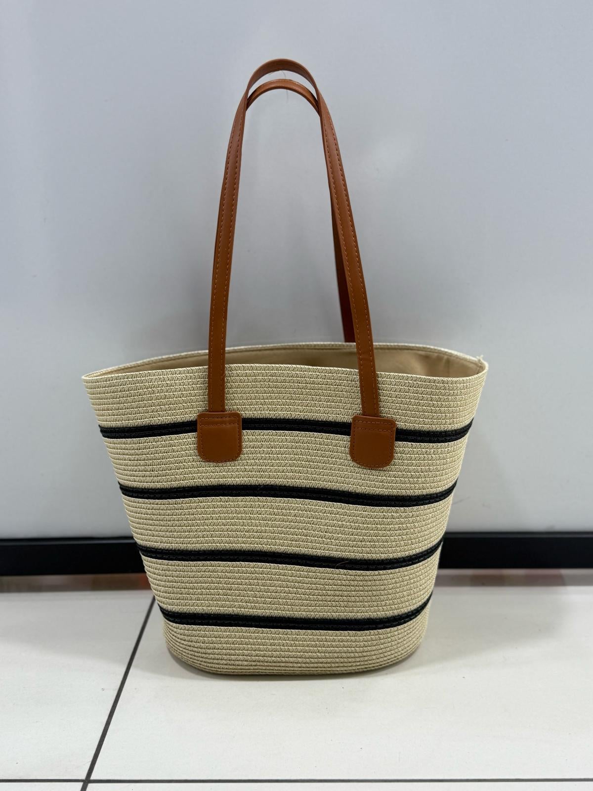 Striped Beige Black Straw Tote Bag - Nesvay - by Peralane - photo 2