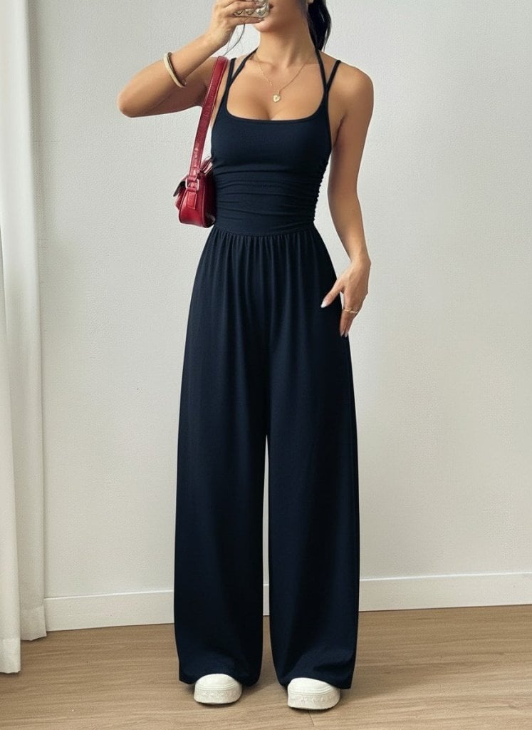 Women's Navy Blue Ribbed Knit Tank Top and Wide-Leg Trouser Loungewear Set - Janes - by Peralane - photo 3