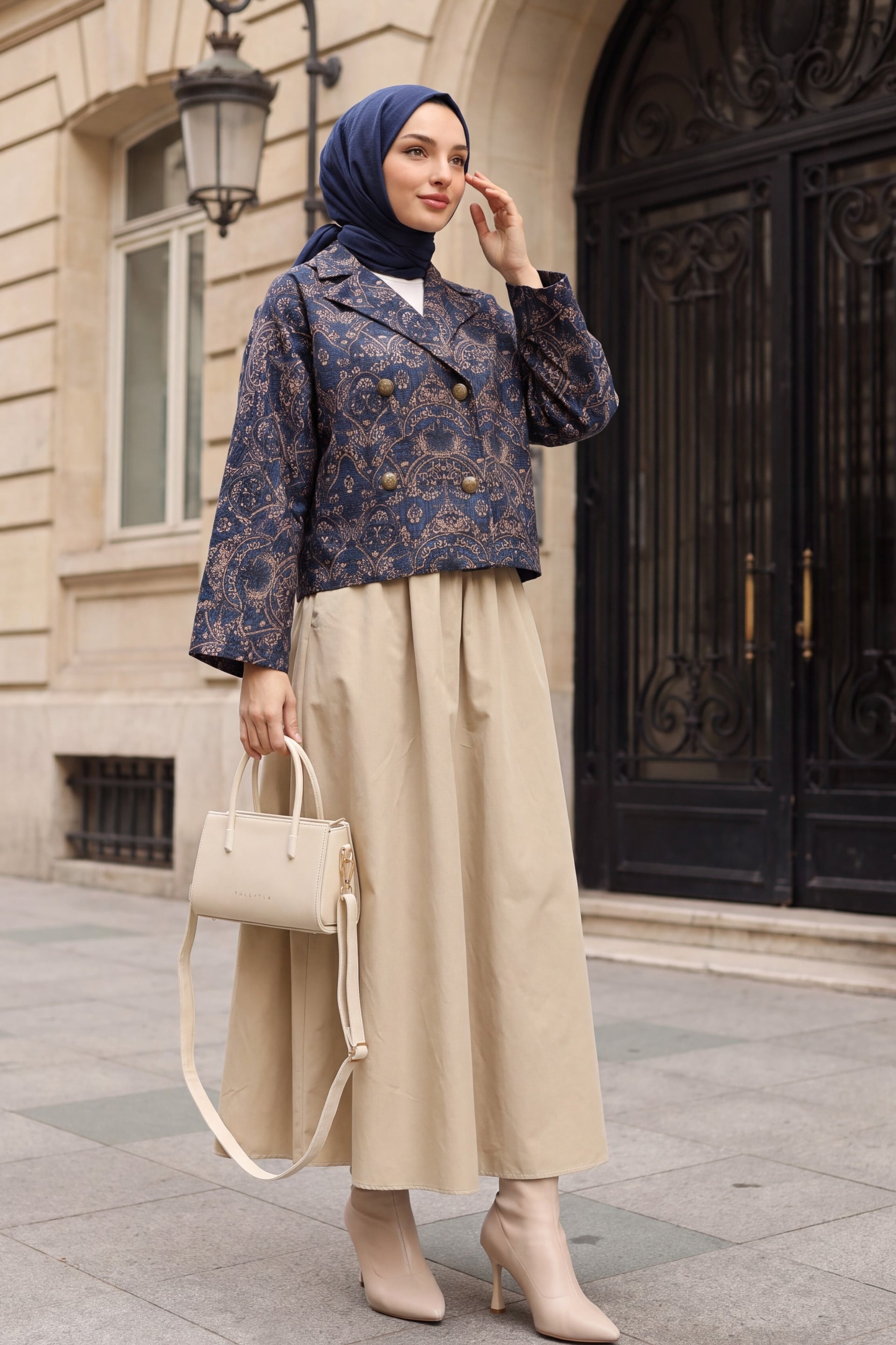 Women's Double-Breasted Quilted Jacket with Paisley Print - Navy - Podyumplus - by Peralane - photo 3