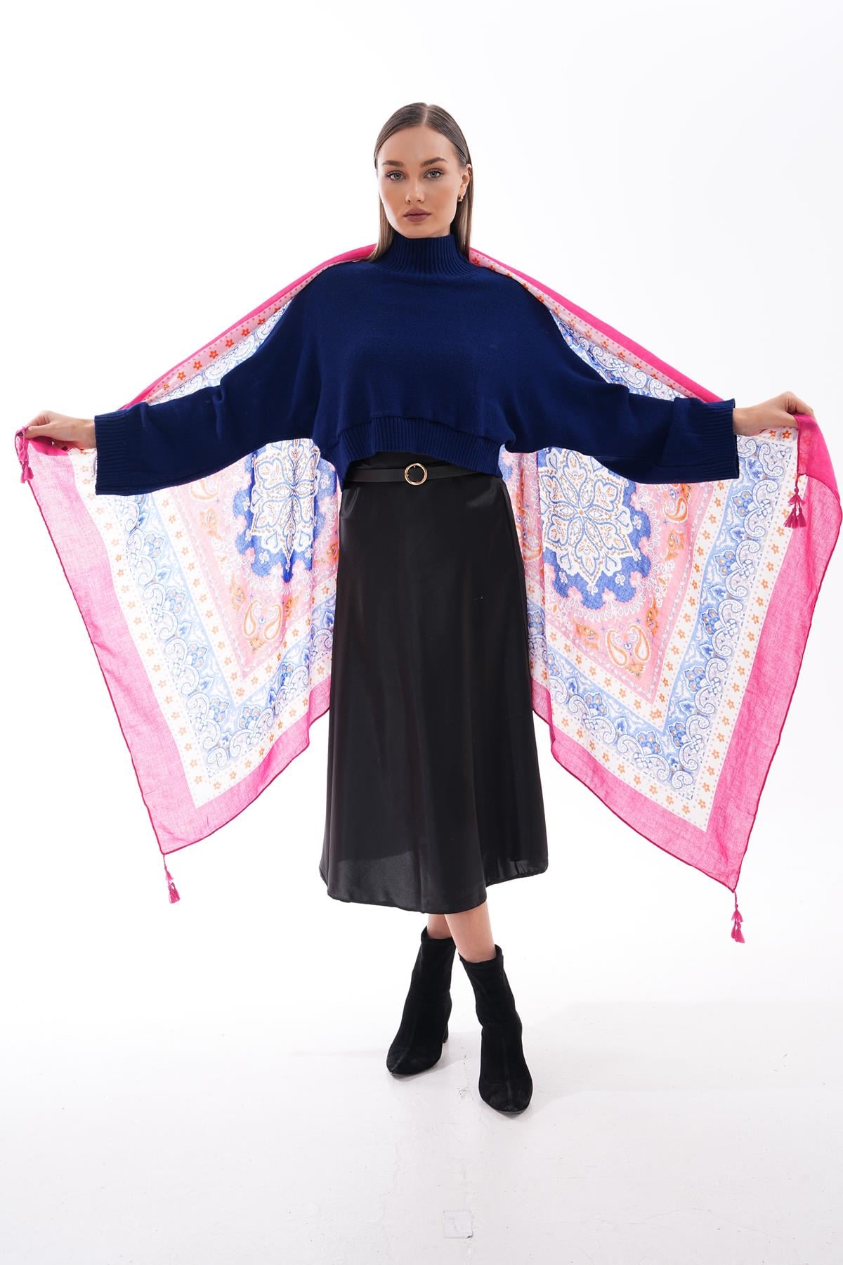 Patchwork Patterned Blue Tasseled Scarf - Nesvay - by Peralane - photo 3
