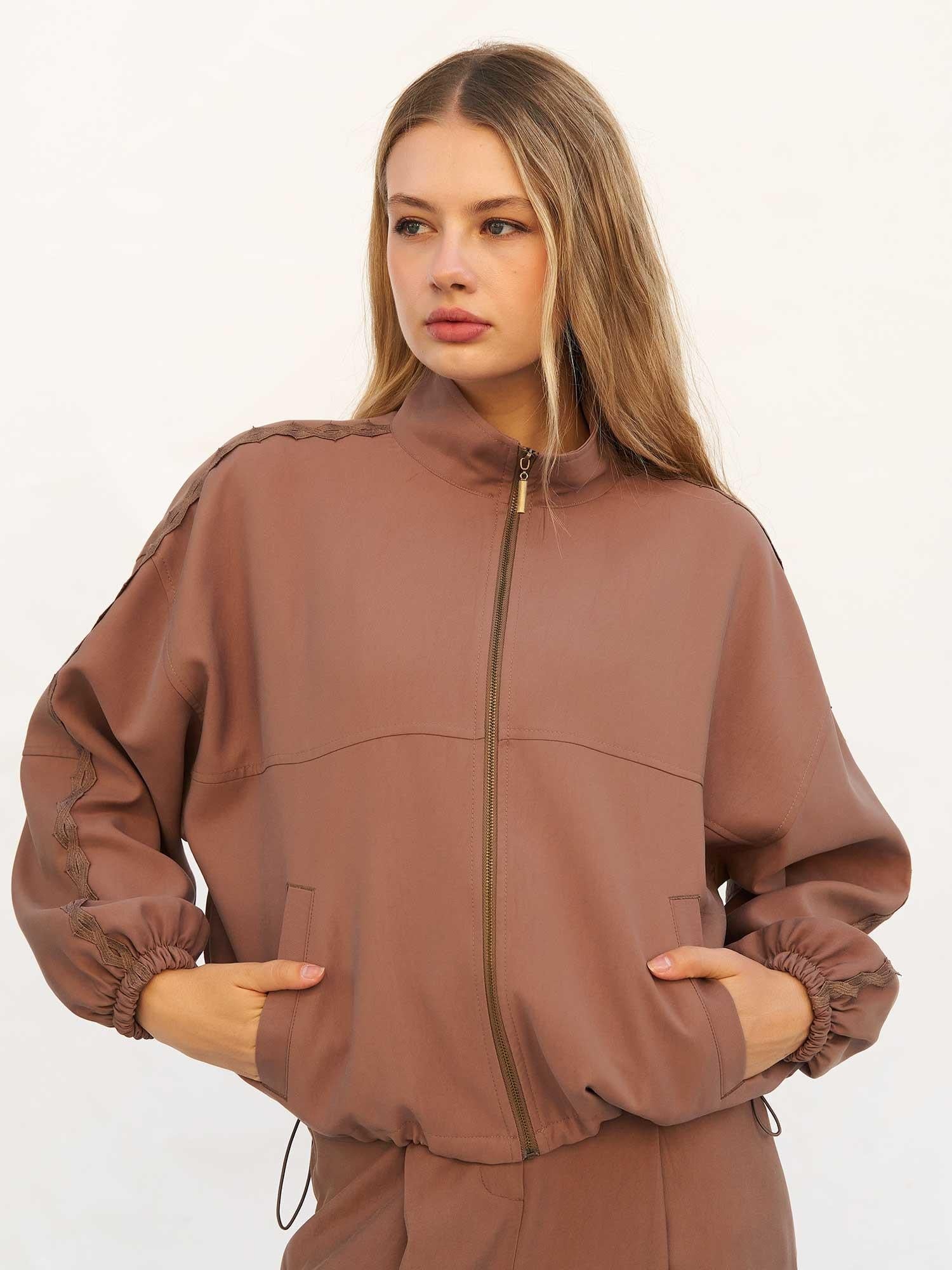 Women's Solid Brown Bomber Jacket with Lace Trim - Lefon - by Peralane - photo 6